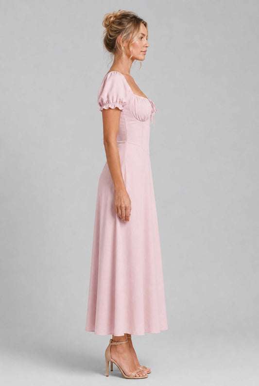 Virtual model wearing The Adaline Crepe Dress Tie-Up Corset Bustier Dress in Pink