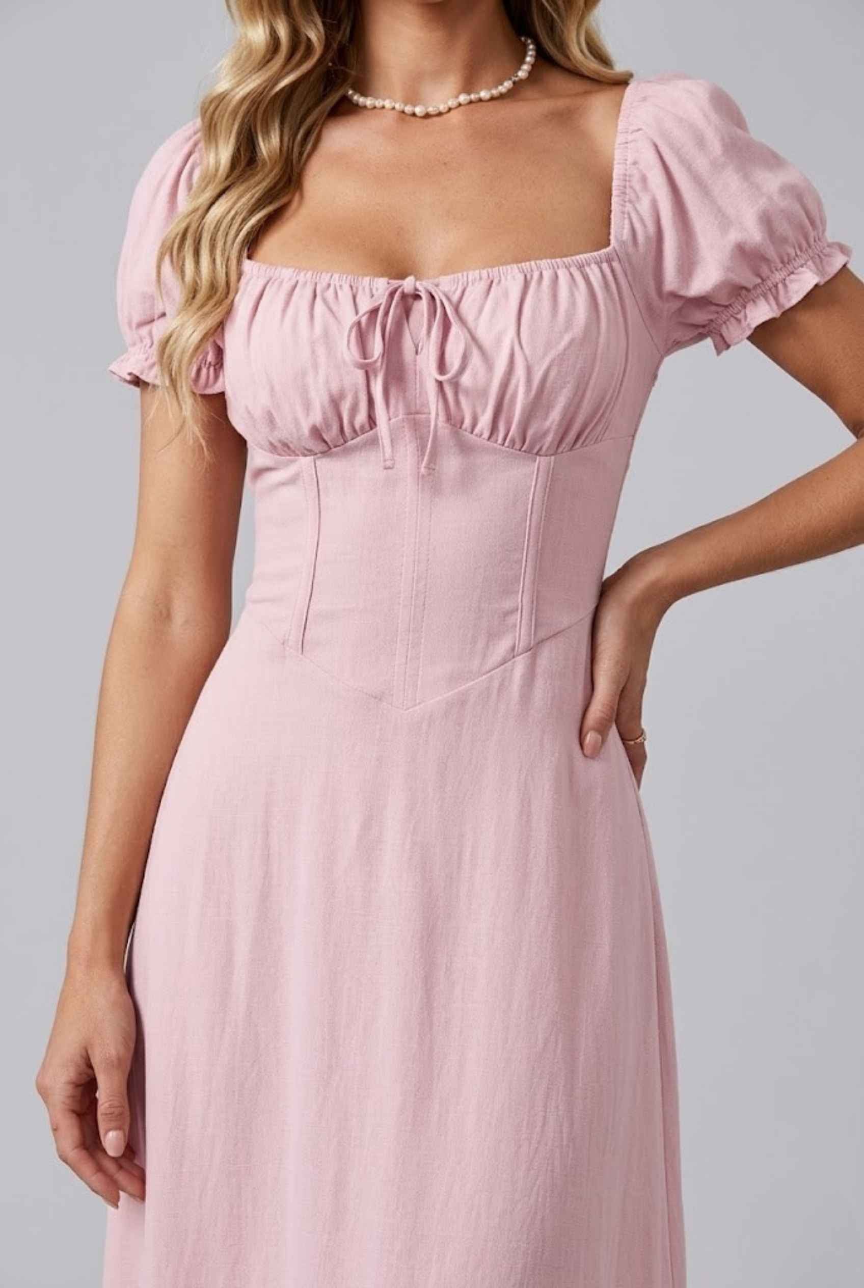 Virtual Model Wearing The Adaline Crepe Maxi Milkmaid Corset Pink Bustier Dress.