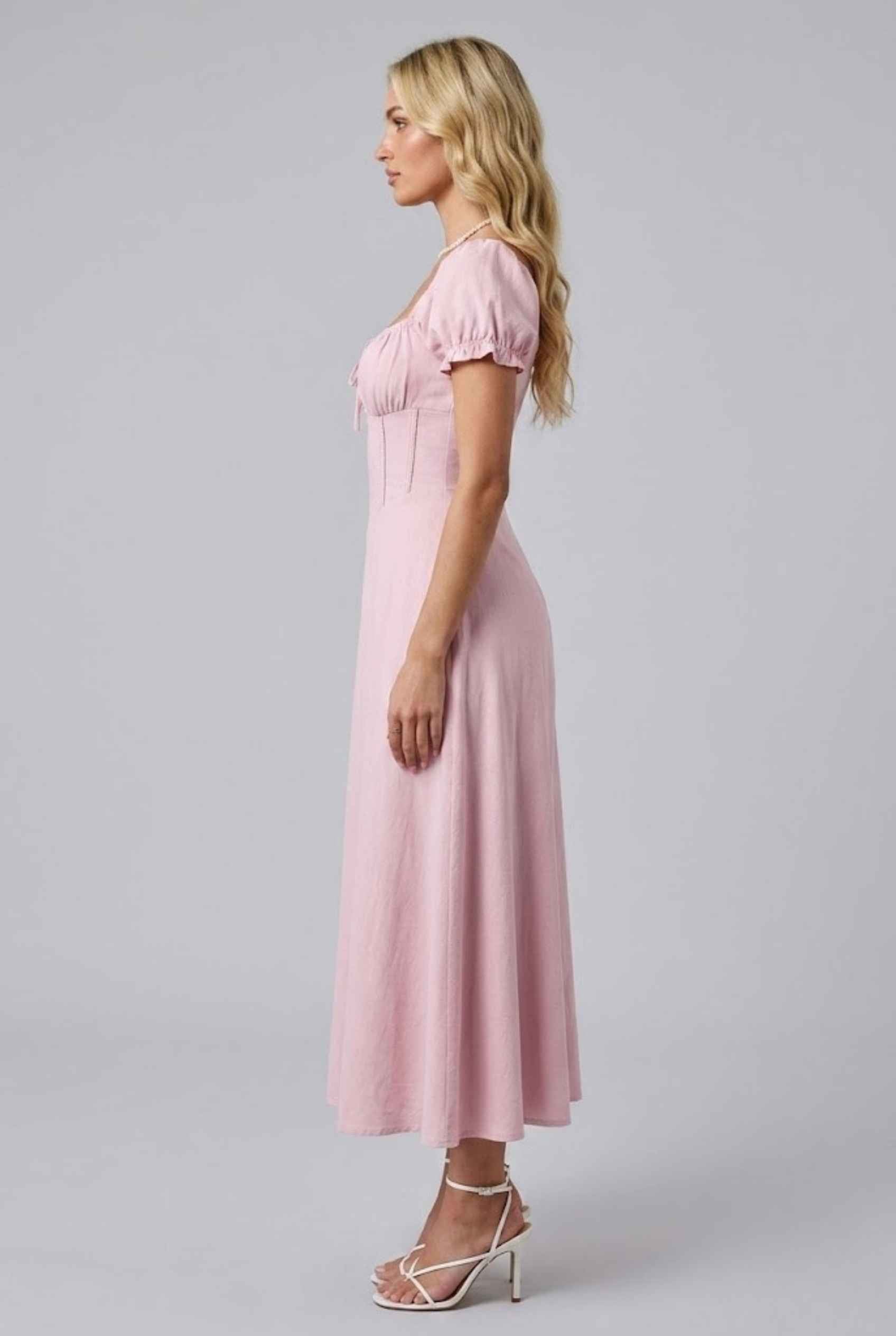 Virtual Model Wearing The Adaline Crepe Maxi Milkmaid Corset Pink Bustier Dress.