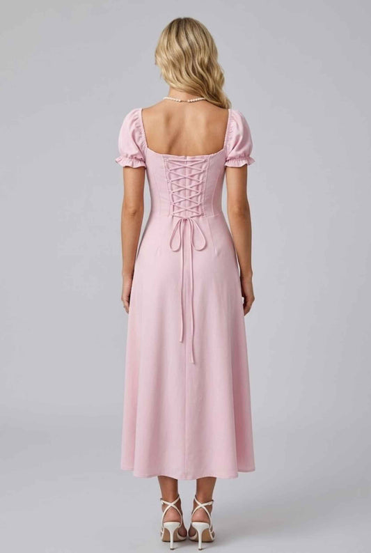 Virtual Model Wearing The Adaline Crepe Maxi Milkmaid Corset Pink Bustier Dress.