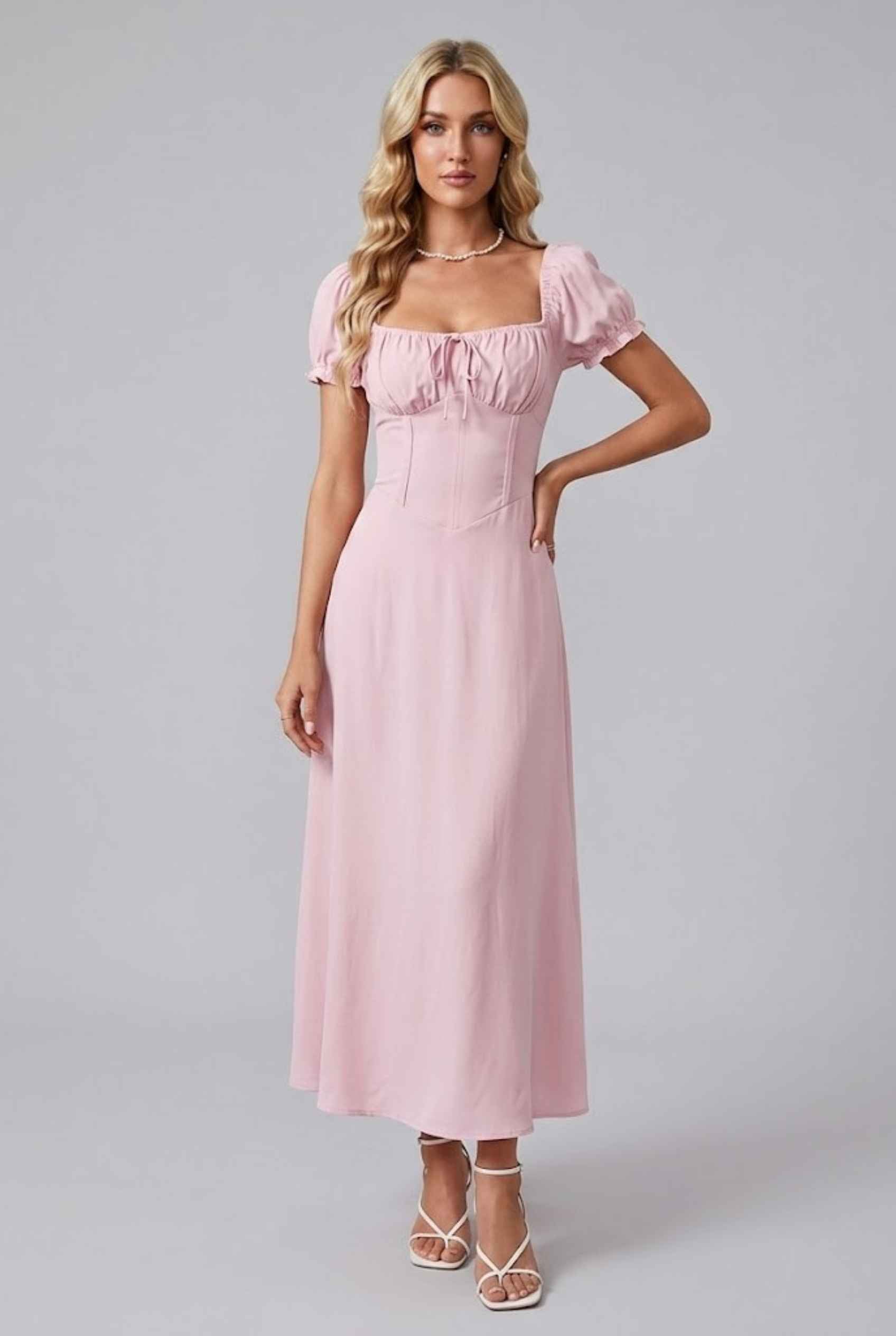 Virtual Model Wearing The Adaline Crepe Maxi Milkmaid Corset Pink Bustier Dress.