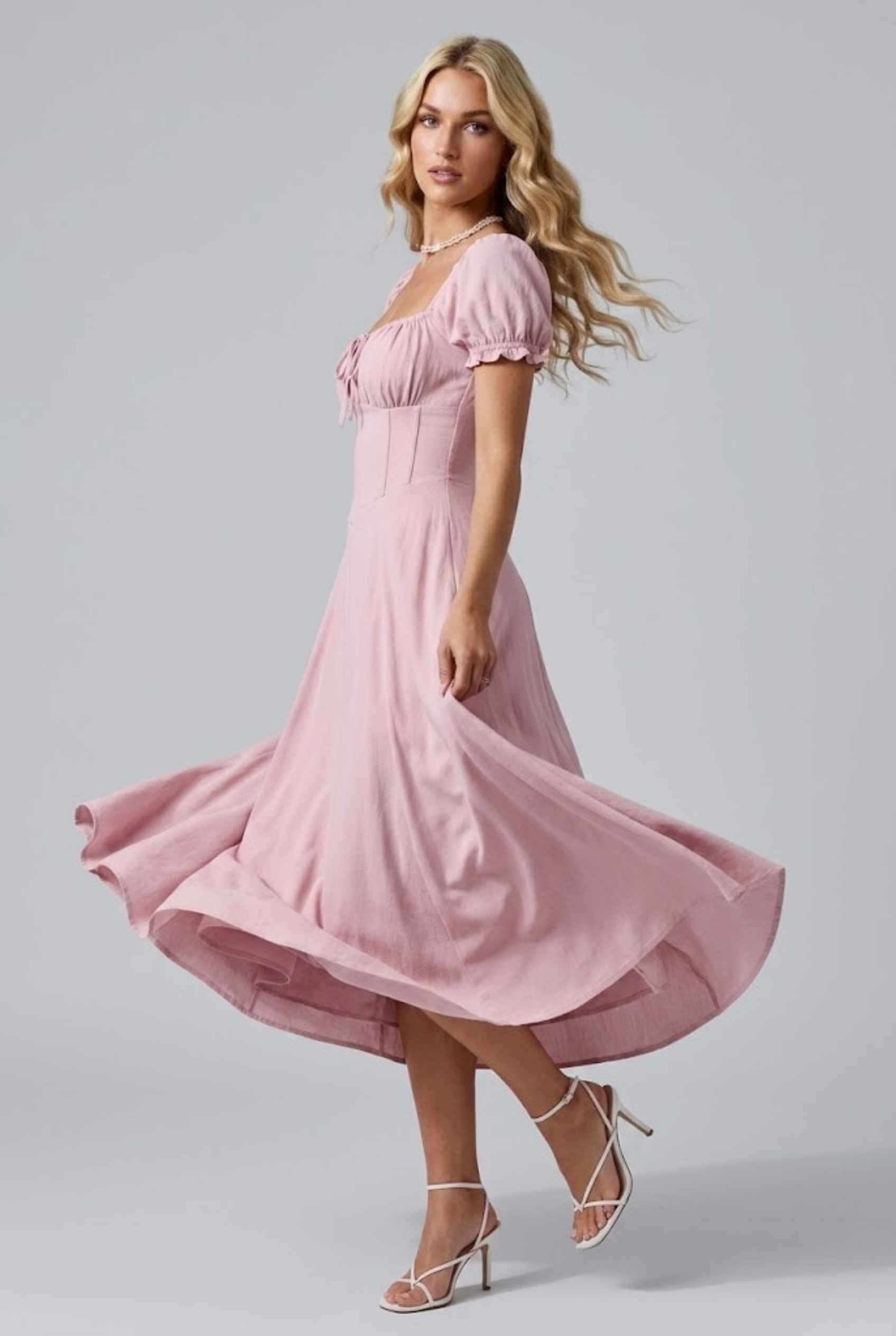 Virtual Model Wearing The Adaline Crepe Maxi Milkmaid Corset Pink Bustier Dress.