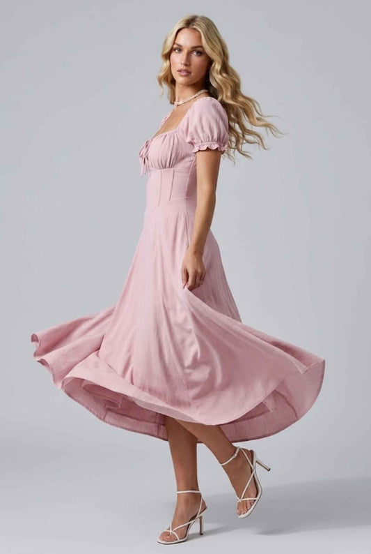 Virtual Model Wearing The Adaline Crepe Maxi Milkmaid Corset Pink Bustier Dress.