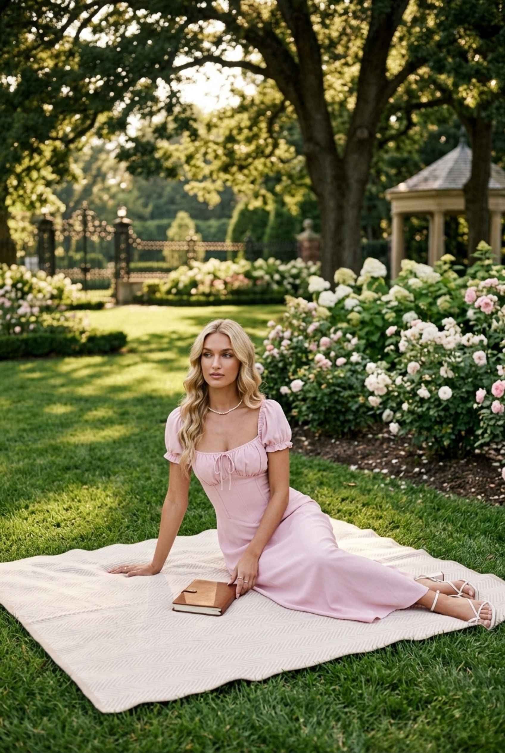 Virtual Model Wearing The Adaline Crepe Maxi Milkmaid Corset Pink Bustier Dress.