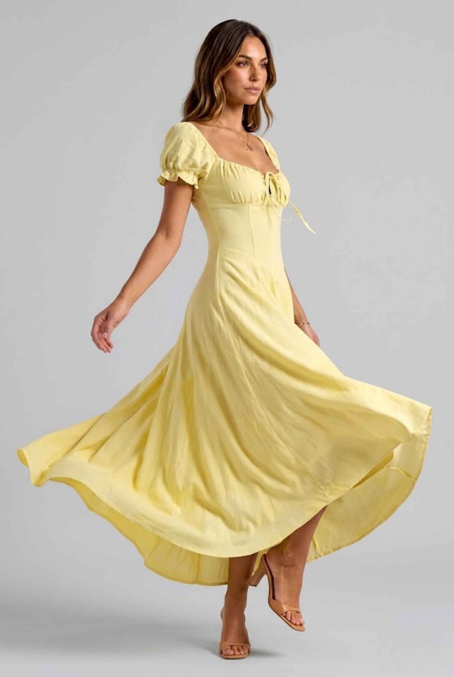 Virtual Model Wearing The Adaline Crepe Maxi Milkmaid Corset Yellow Bustier Dress.