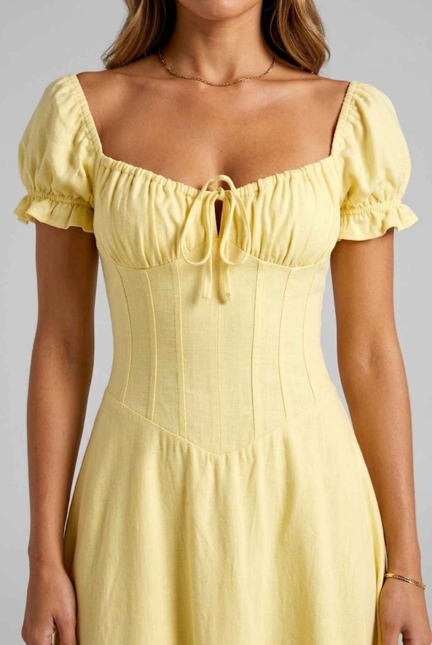 Virtual Model Wearing The Adaline Crepe Maxi Milkmaid Corset Yellow Bustier Dress.