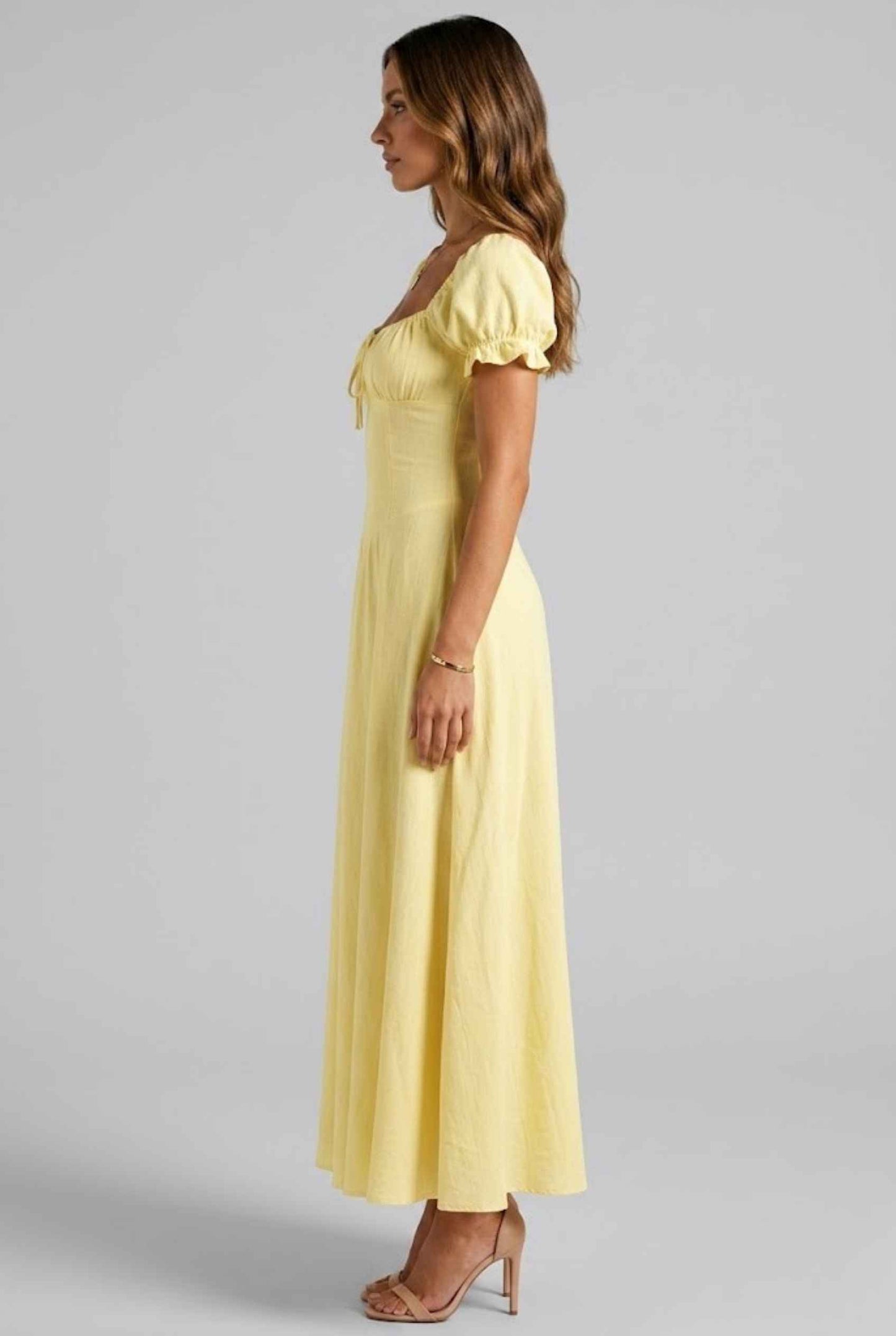 Virtual Model Wearing The Adaline Crepe Maxi Milkmaid Corset Yellow Bustier Dress.