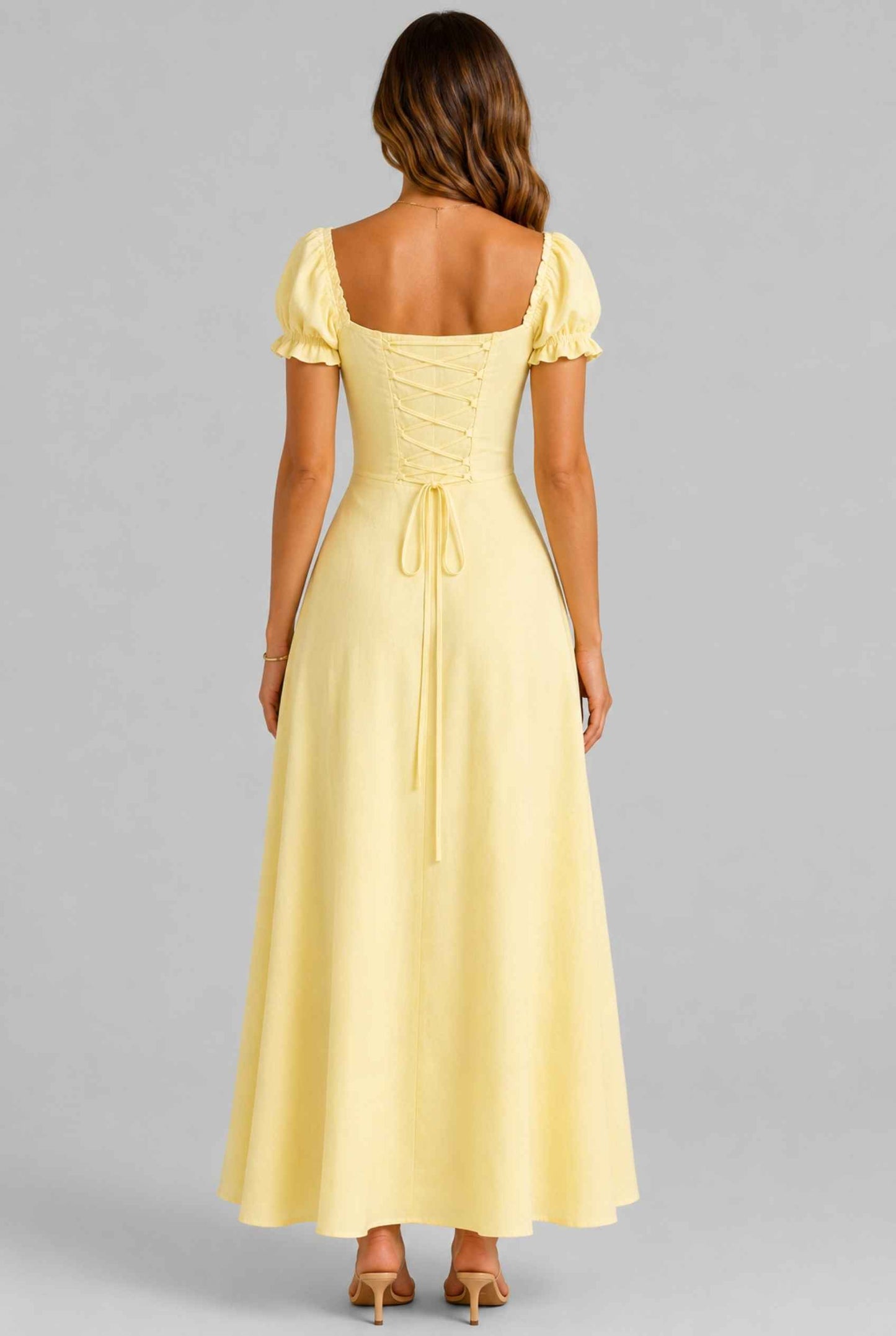 Virtual Model Wearing The Adaline Crepe Maxi Milkmaid Corset Yellow Bustier Dress.