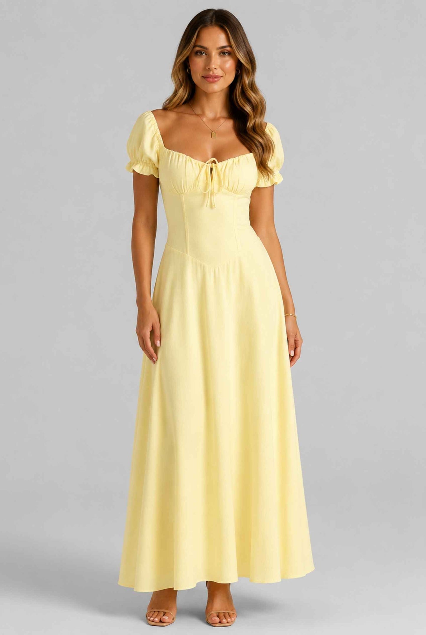 Virtual Model Wearing The Adaline Crepe Maxi Milkmaid Corset Yellow Bustier Dress.