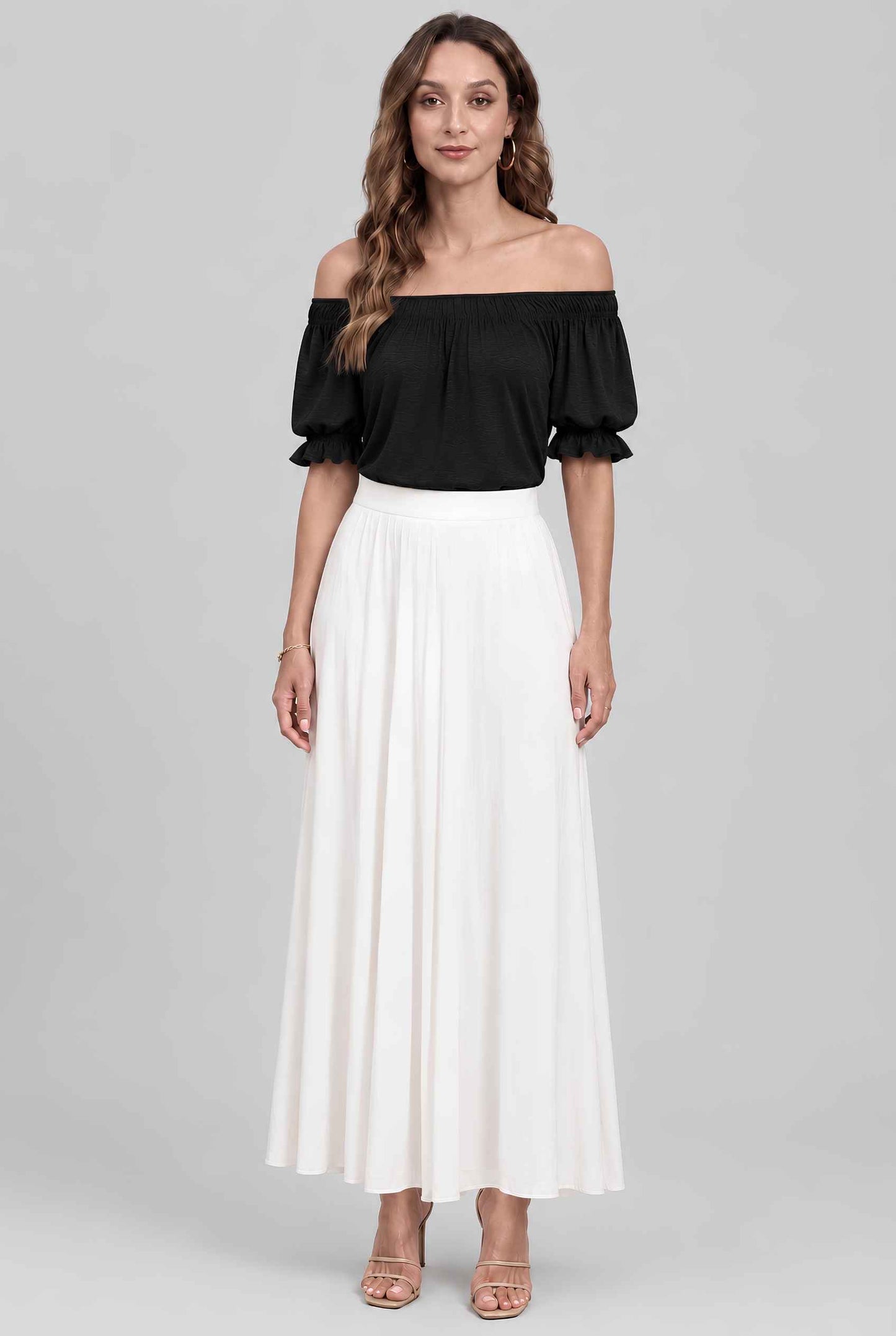 Virtual model wearing The Adela Knit Ruched Top On-Off Shoulder Smocked Sleeve Top in Black