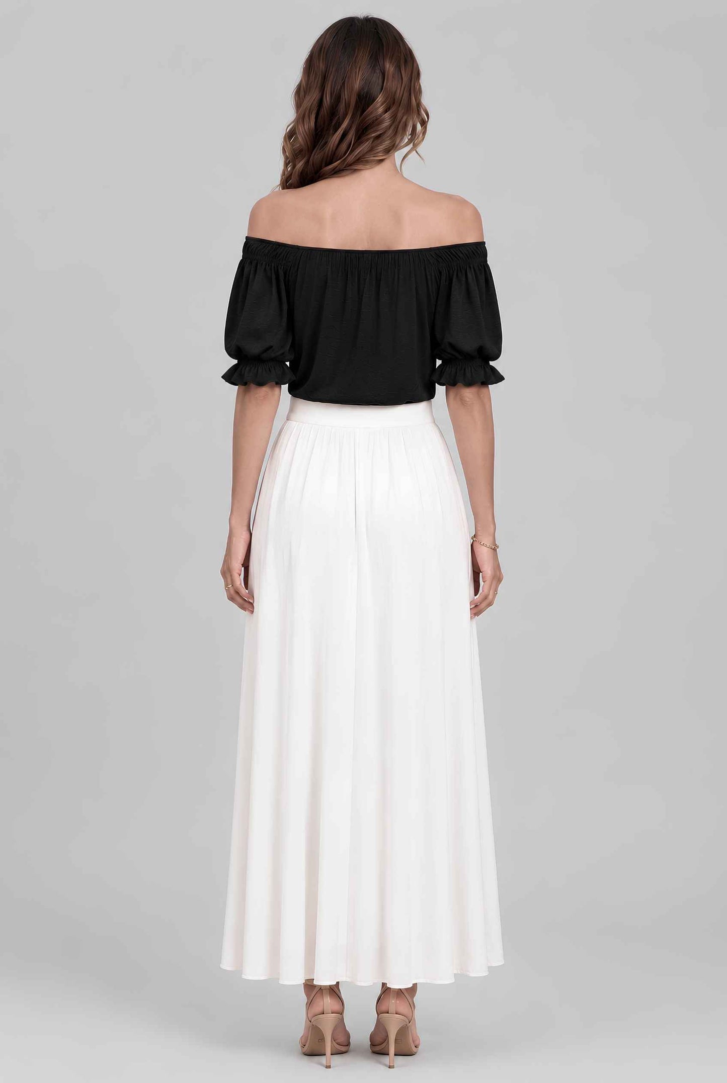 Virtual model wearing The Adela Knit Ruched Top On-Off Shoulder Smocked Sleeve Top in Black