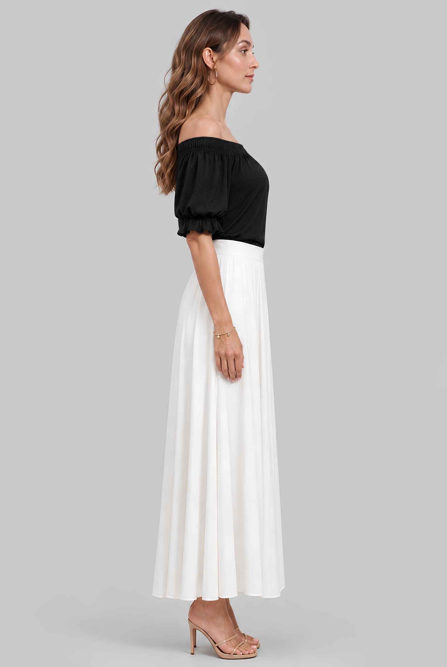 Virtual model wearing The Adela Knit Ruched Top On-Off Shoulder Smocked Sleeve Top in Black