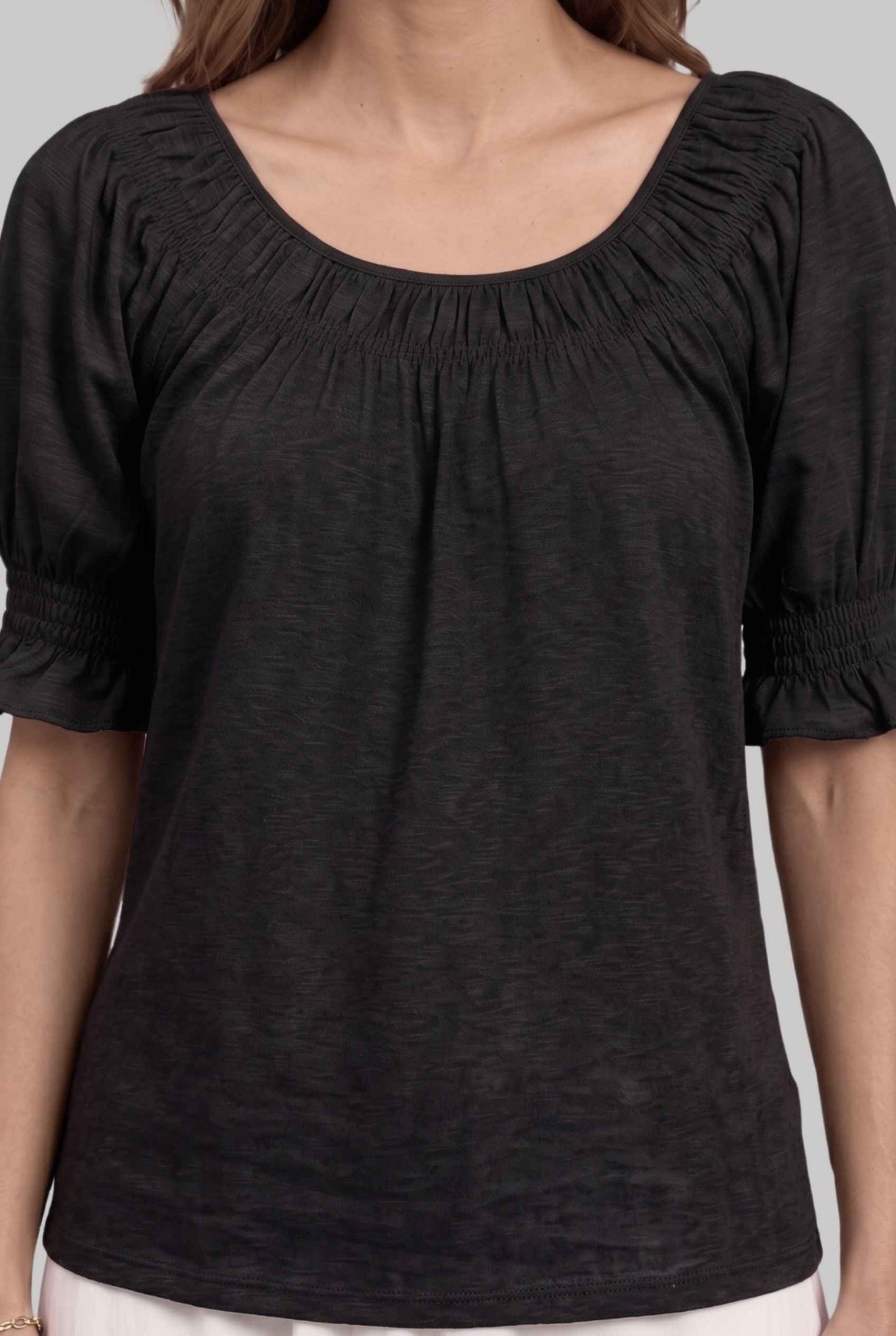 Virtual model wearing The Adela Knit Ruched Top On-Off Shoulder Smocked Sleeve Top in Black