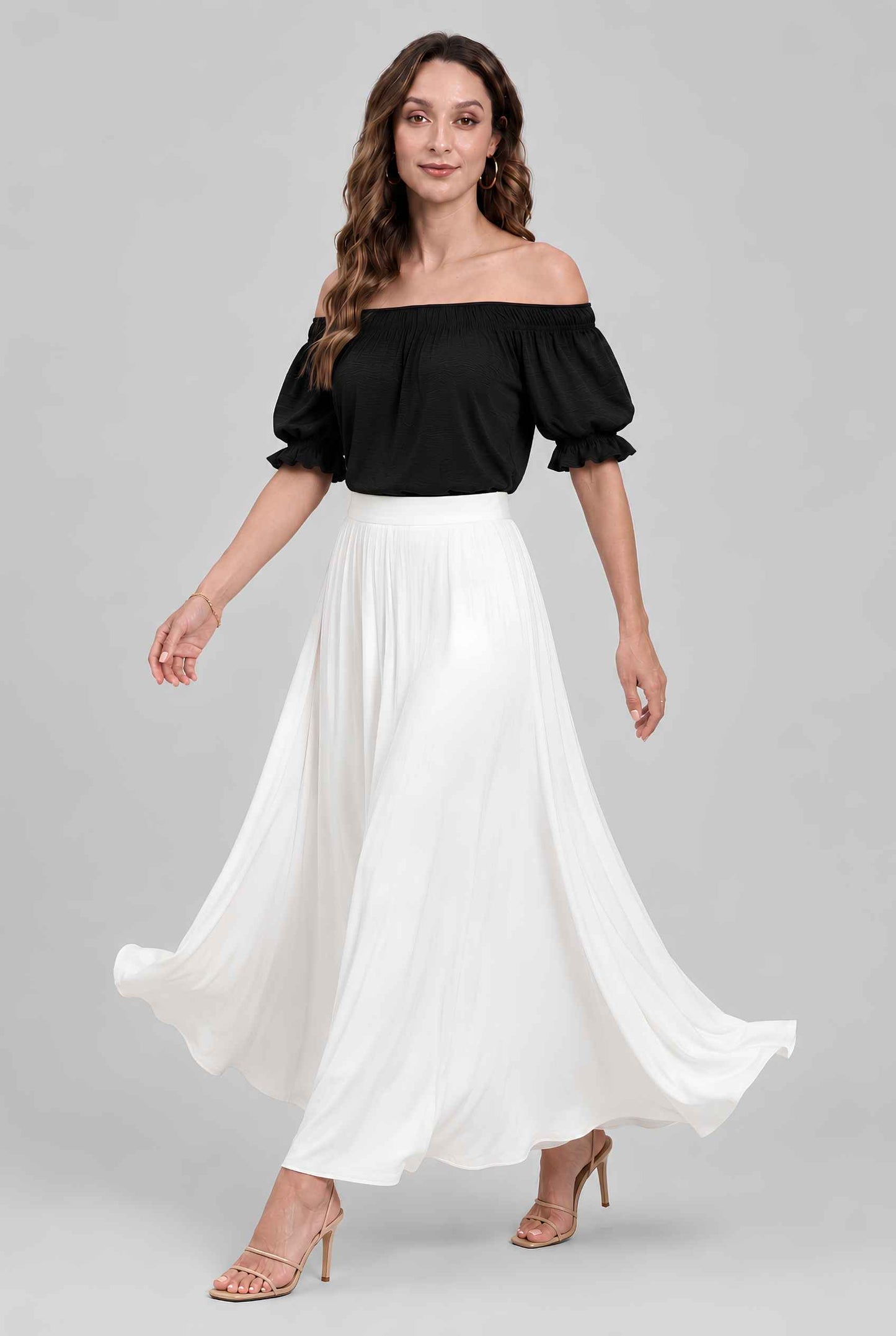 Virtual model wearing The Adela Knit Ruched Top On-Off Shoulder Smocked Sleeve Top in Black