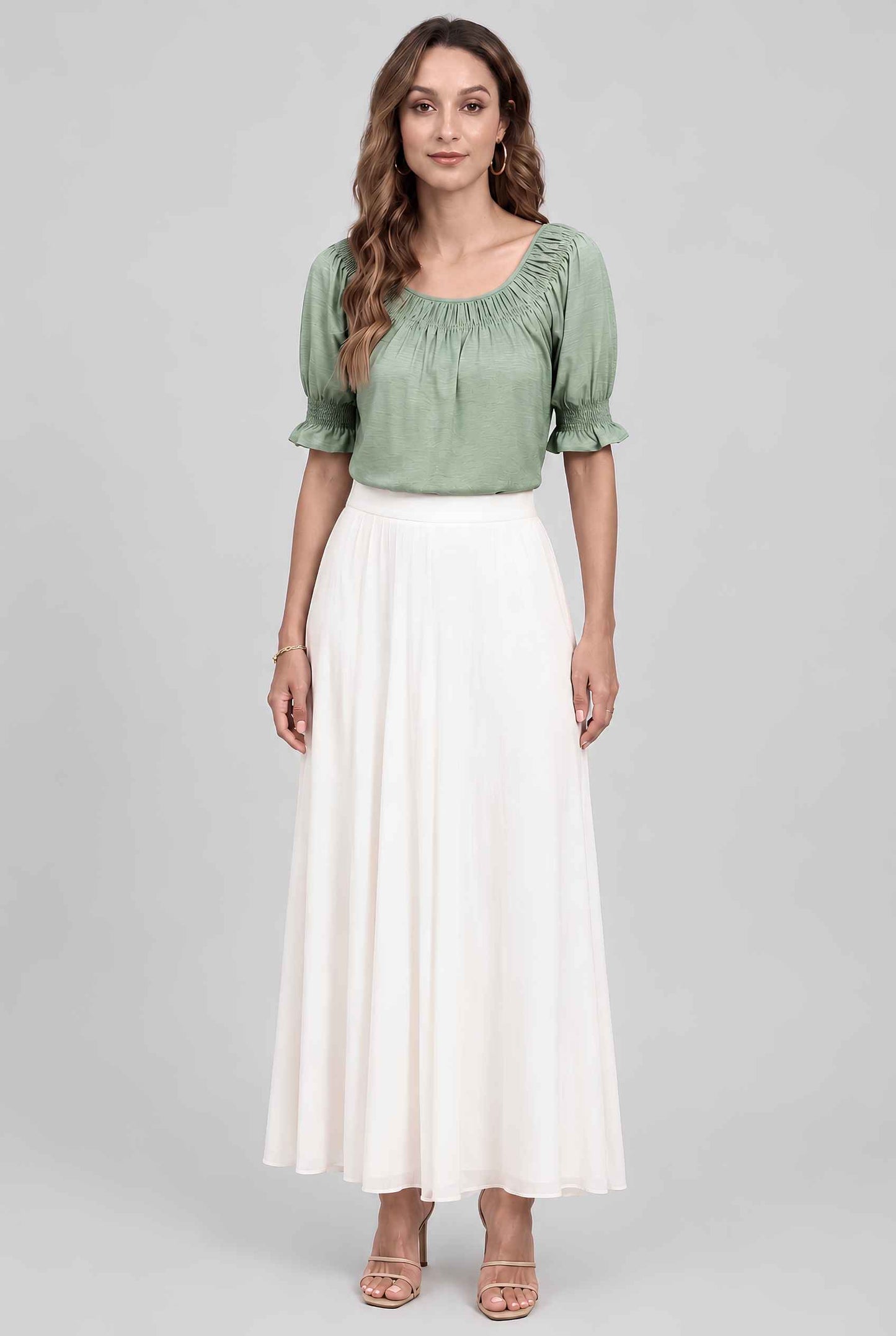 Virtual model wearing The Adela Knit Ruched Top On-Off Shoulder Smocked Sleeve Top in Light Green