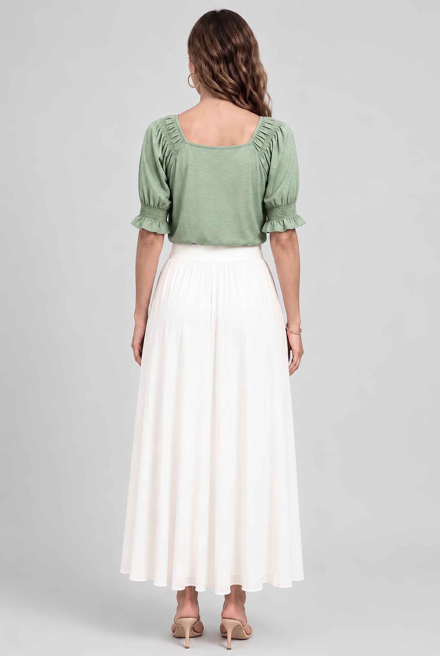 Virtual model wearing The Adela Knit Ruched Top On-Off Shoulder Smocked Sleeve Top in Light Green