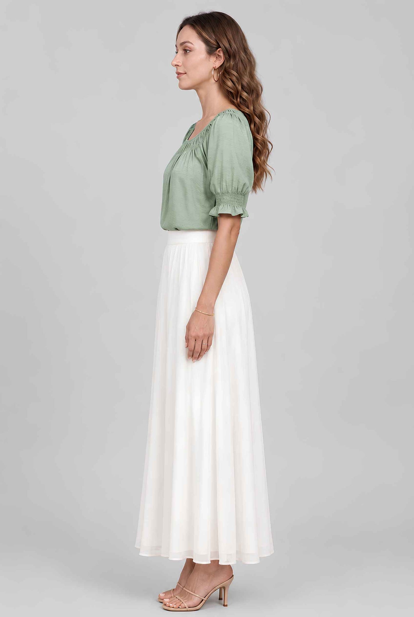 Virtual model wearing The Adela Knit Ruched Top On-Off Shoulder Smocked Sleeve Top in Light Green