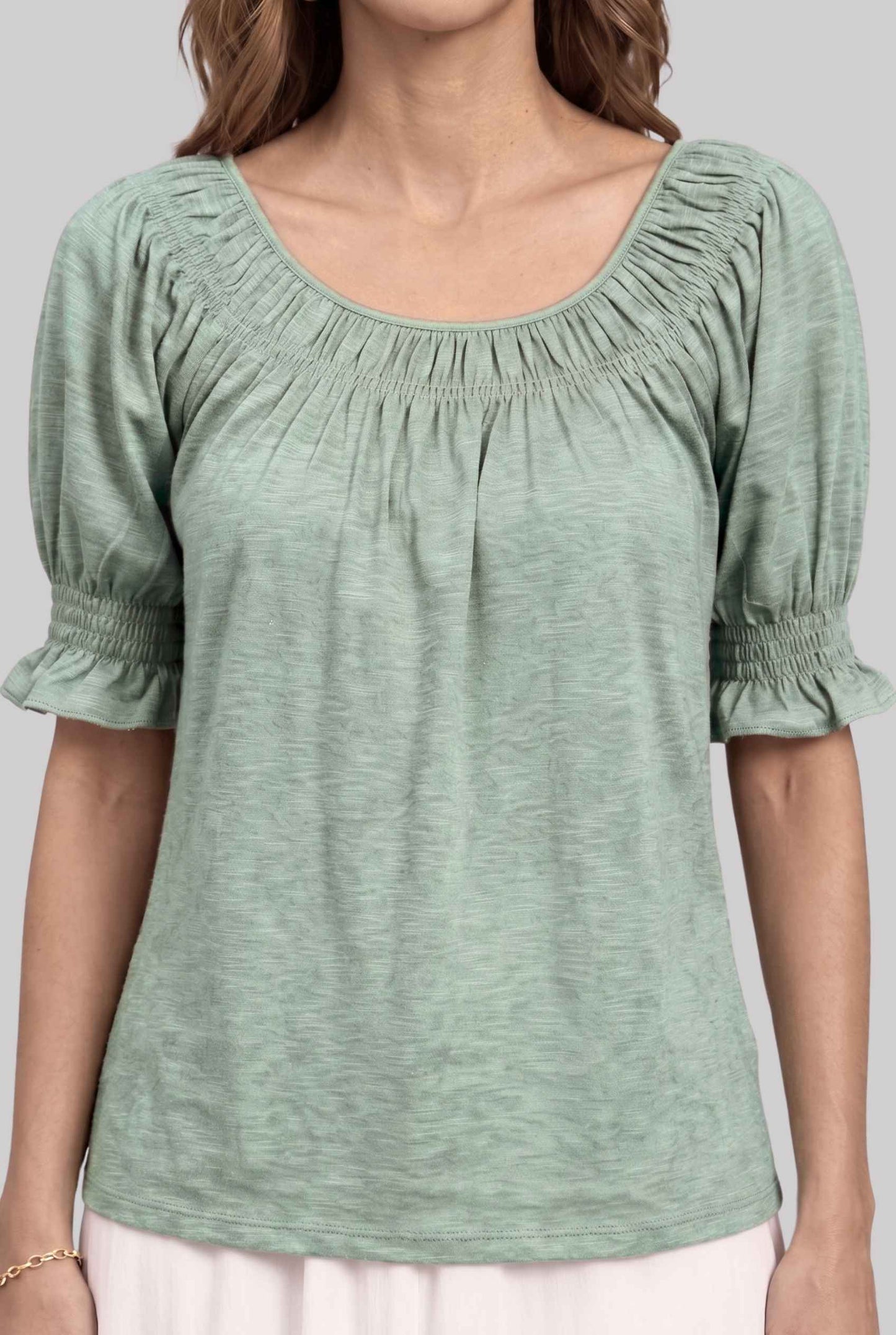 Virtual model wearing The Adela Knit Ruched Top On-Off Shoulder Smocked Sleeve Top in Light Green
