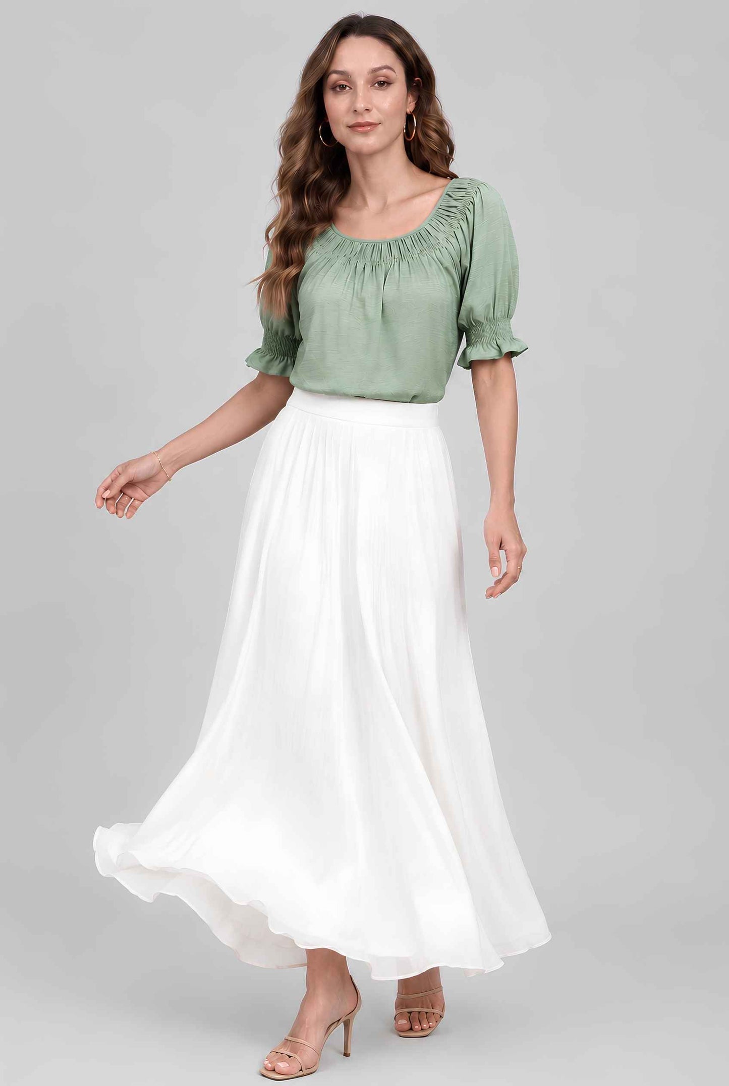 Virtual model wearing The Adela Knit Ruched Top On-Off Shoulder Smocked Sleeve Top in Light Green