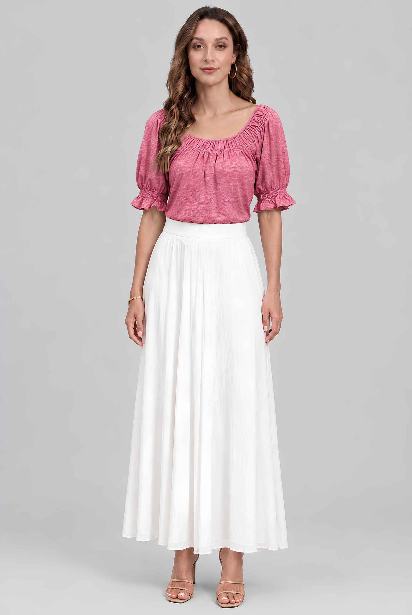Virtual model wearing The Adela Knit Ruched Top On-Off Shoulder Smocked Sleeve Top in Light Pink