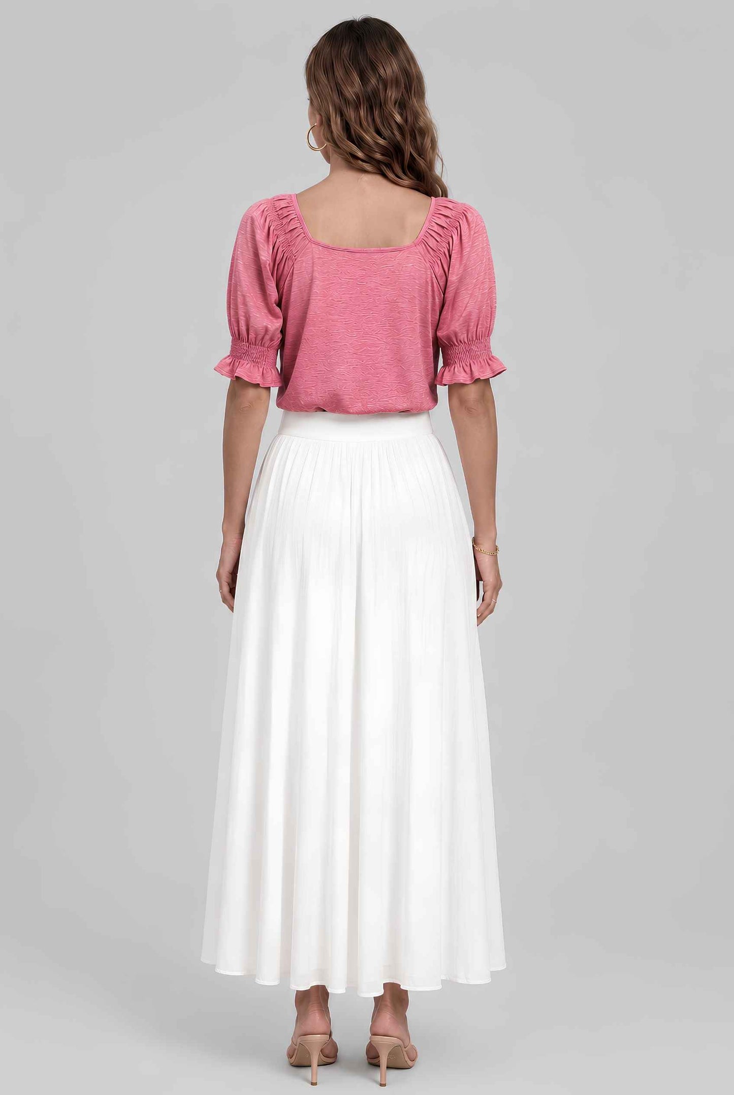 Virtual model wearing The Adela Knit Ruched Top On-Off Shoulder Smocked Sleeve Top in Light Pink