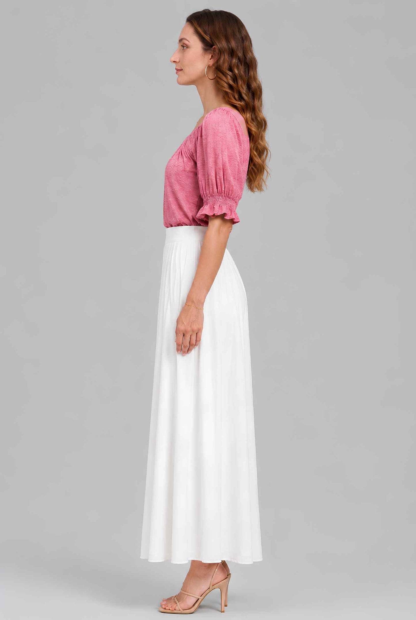 Virtual model wearing The Adela Knit Ruched Top On-Off Shoulder Smocked Sleeve Top in Light Pink