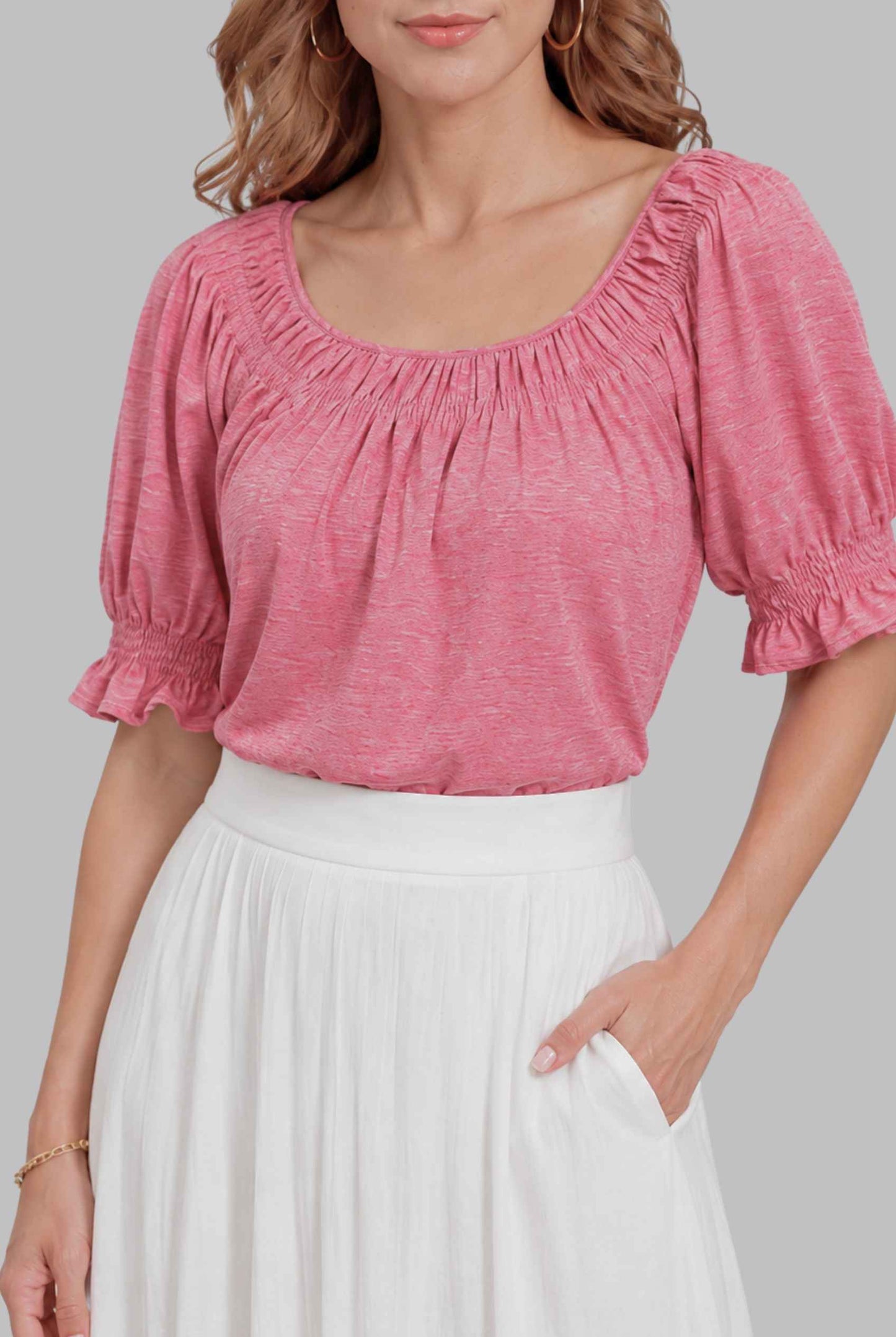 Virtual model wearing The Adela Knit Ruched Top On-Off Shoulder Smocked Sleeve Top in Light Pink