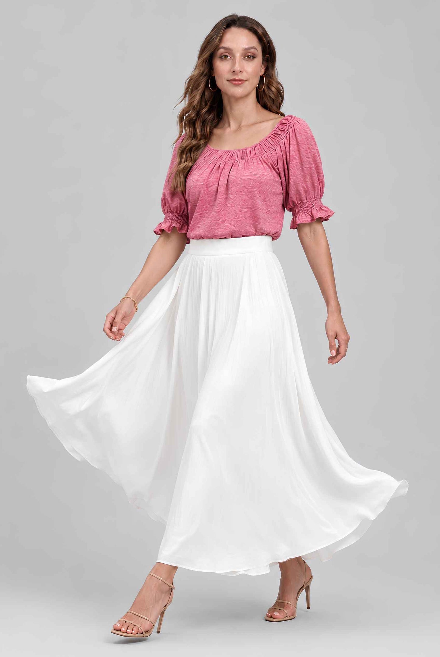 Virtual model wearing The Adela Knit Ruched Top On-Off Shoulder Smocked Sleeve Top in Light Pink