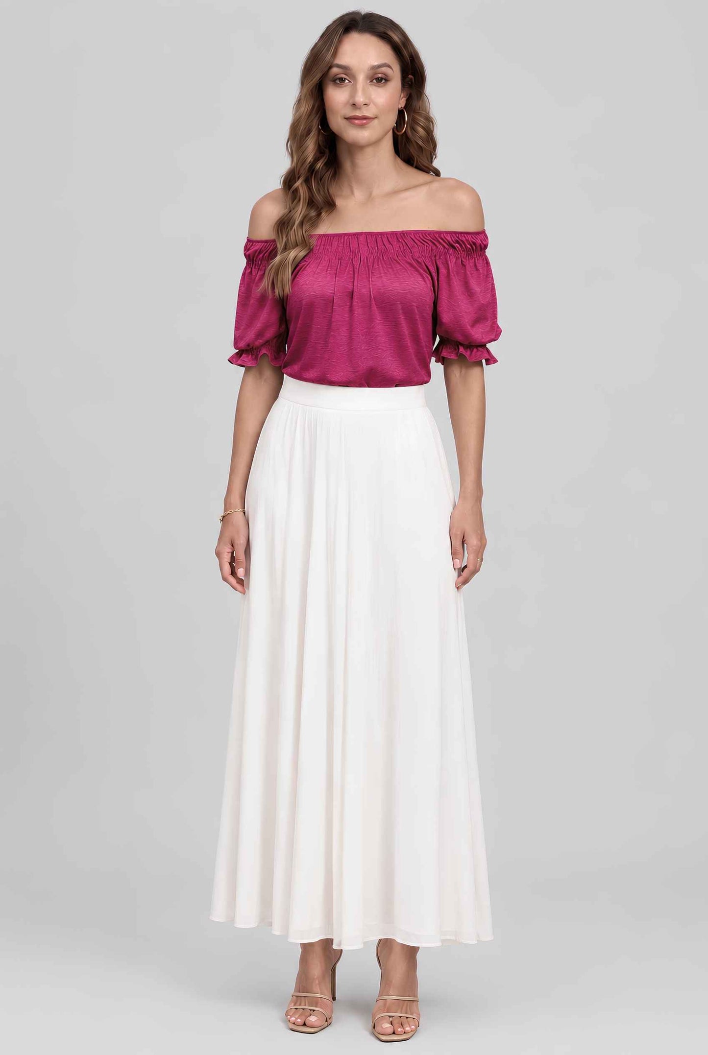 Virtual model wearing The Adela Knit Ruched Top On-Off Shoulder Smocked Sleeve Top in Rose