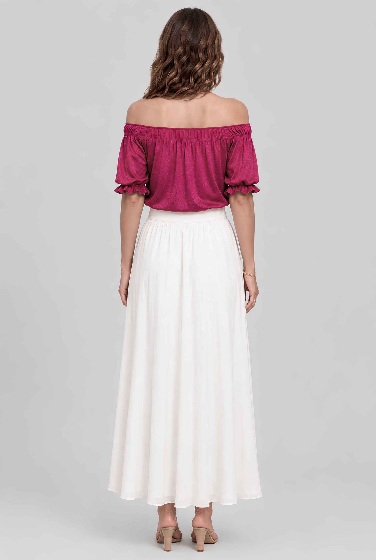 Virtual model wearing The Adela Knit Ruched Top On-Off Shoulder Smocked Sleeve Top in Rose