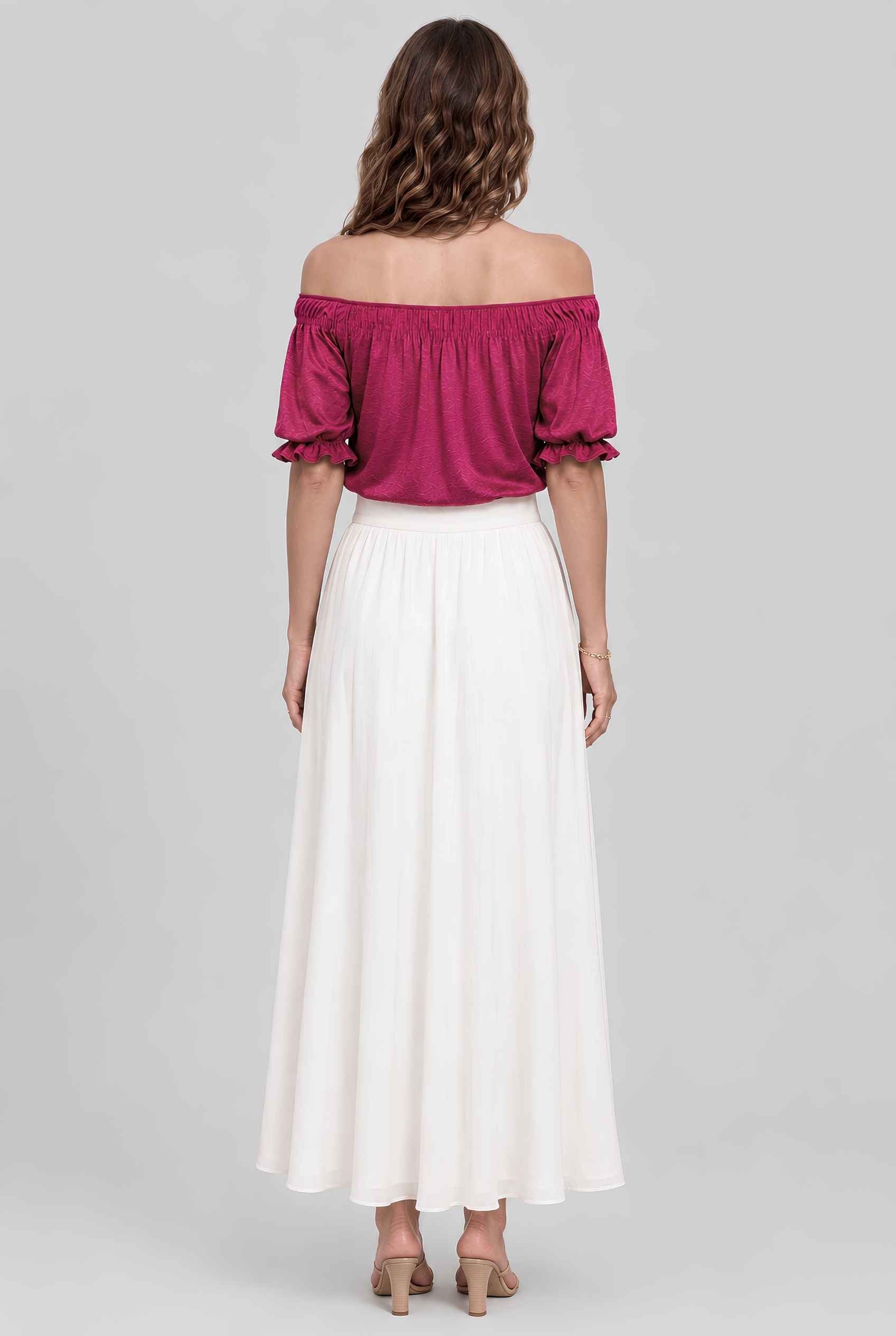 Virtual model wearing The Adela Knit Ruched Top On-Off Shoulder Smocked Sleeve Top in Rose