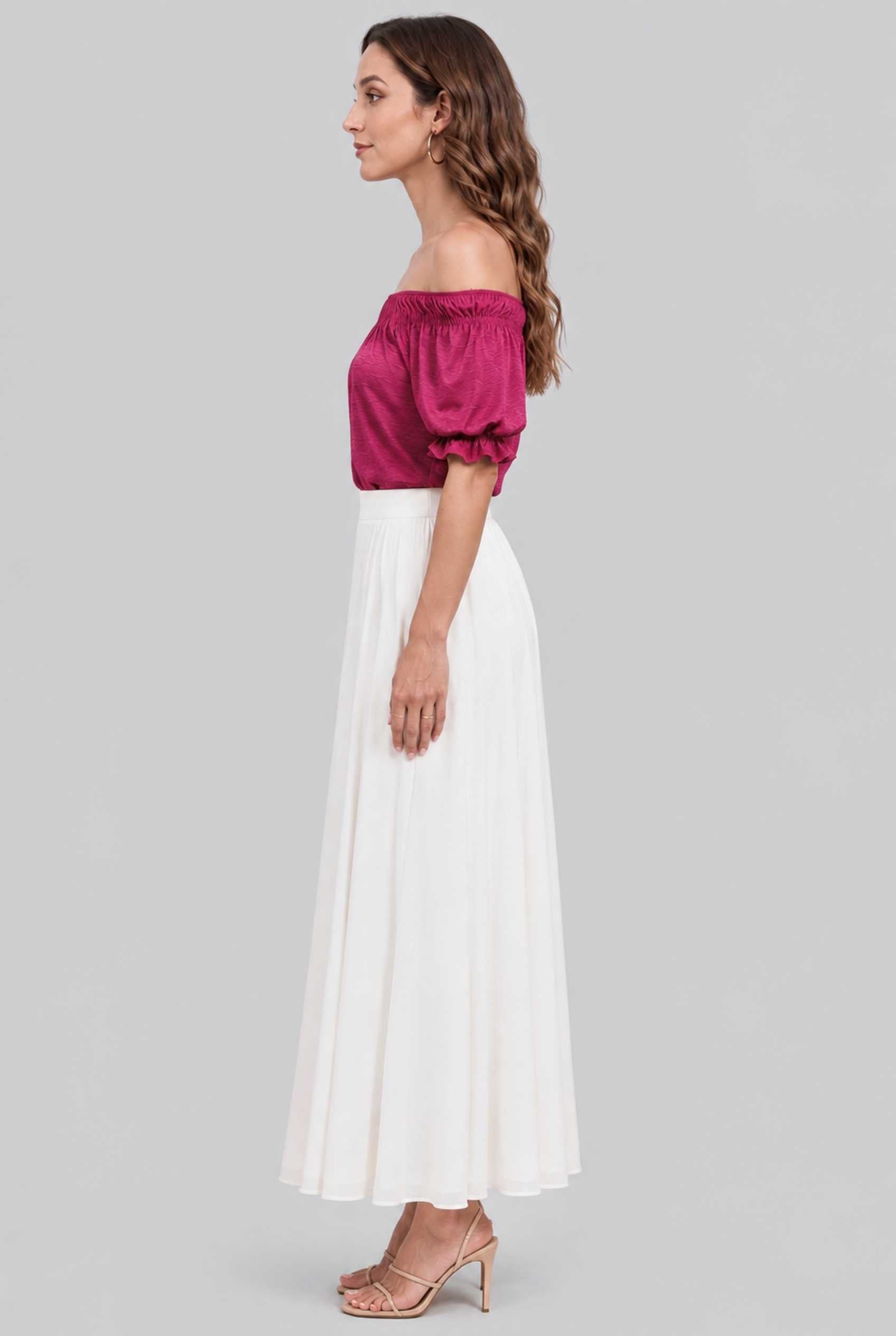 Virtual model wearing The Adela Knit Ruched Top On-Off Shoulder Smocked Sleeve Top in Rose