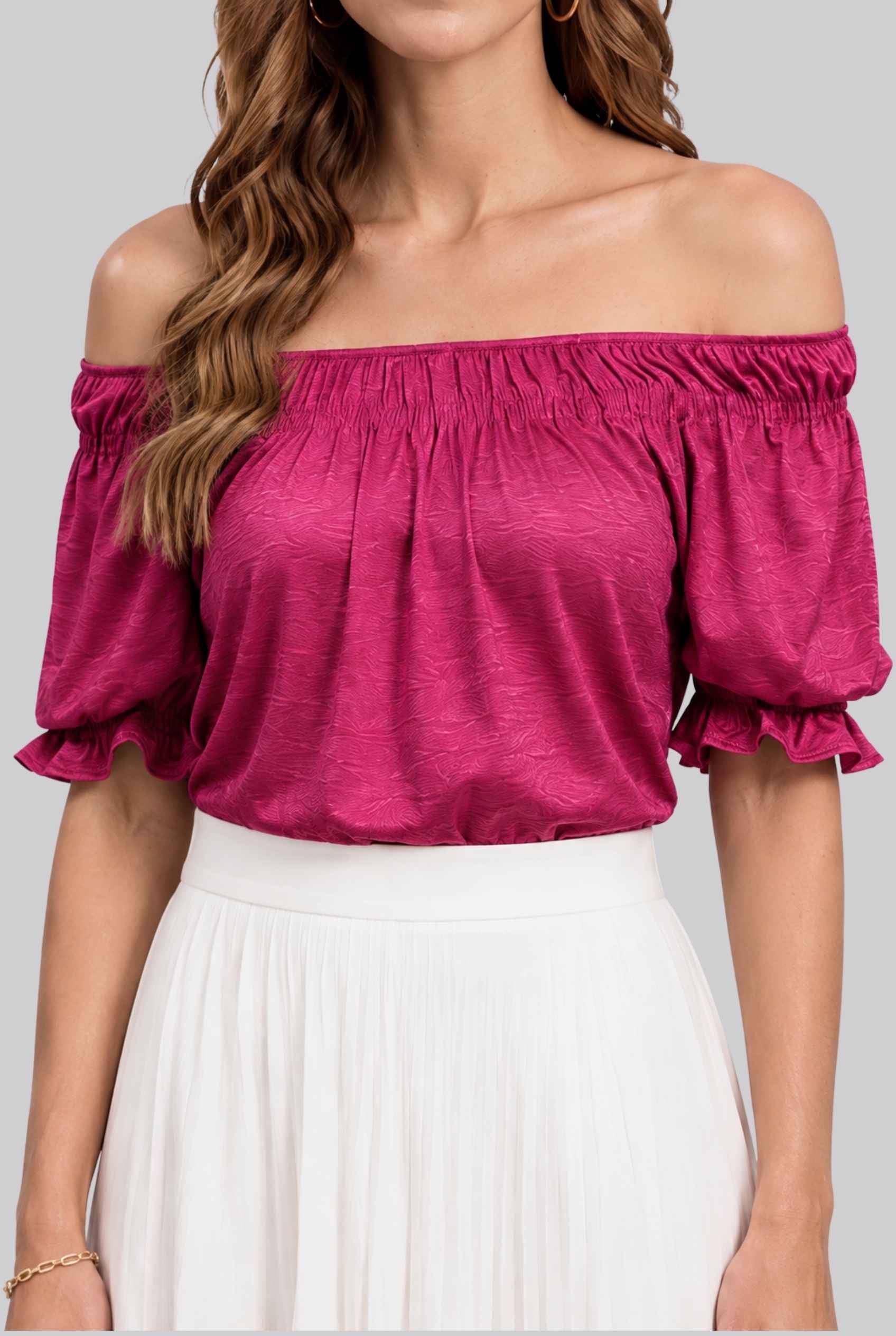Virtual model wearing The Adela Knit Ruched Top On-Off Shoulder Smocked Sleeve Top in Rose
