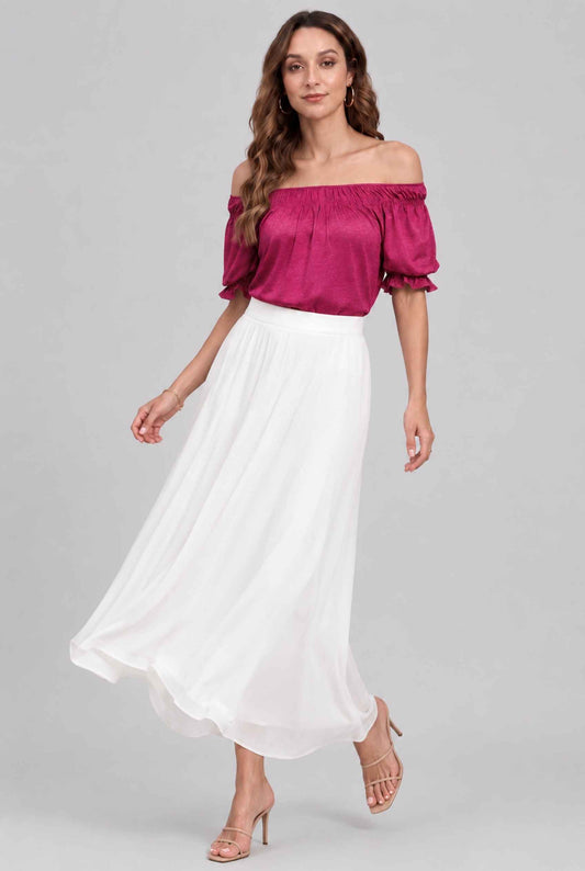 Virtual model wearing The Adela Knit Ruched Top On-Off Shoulder Smocked Sleeve Top in Rose