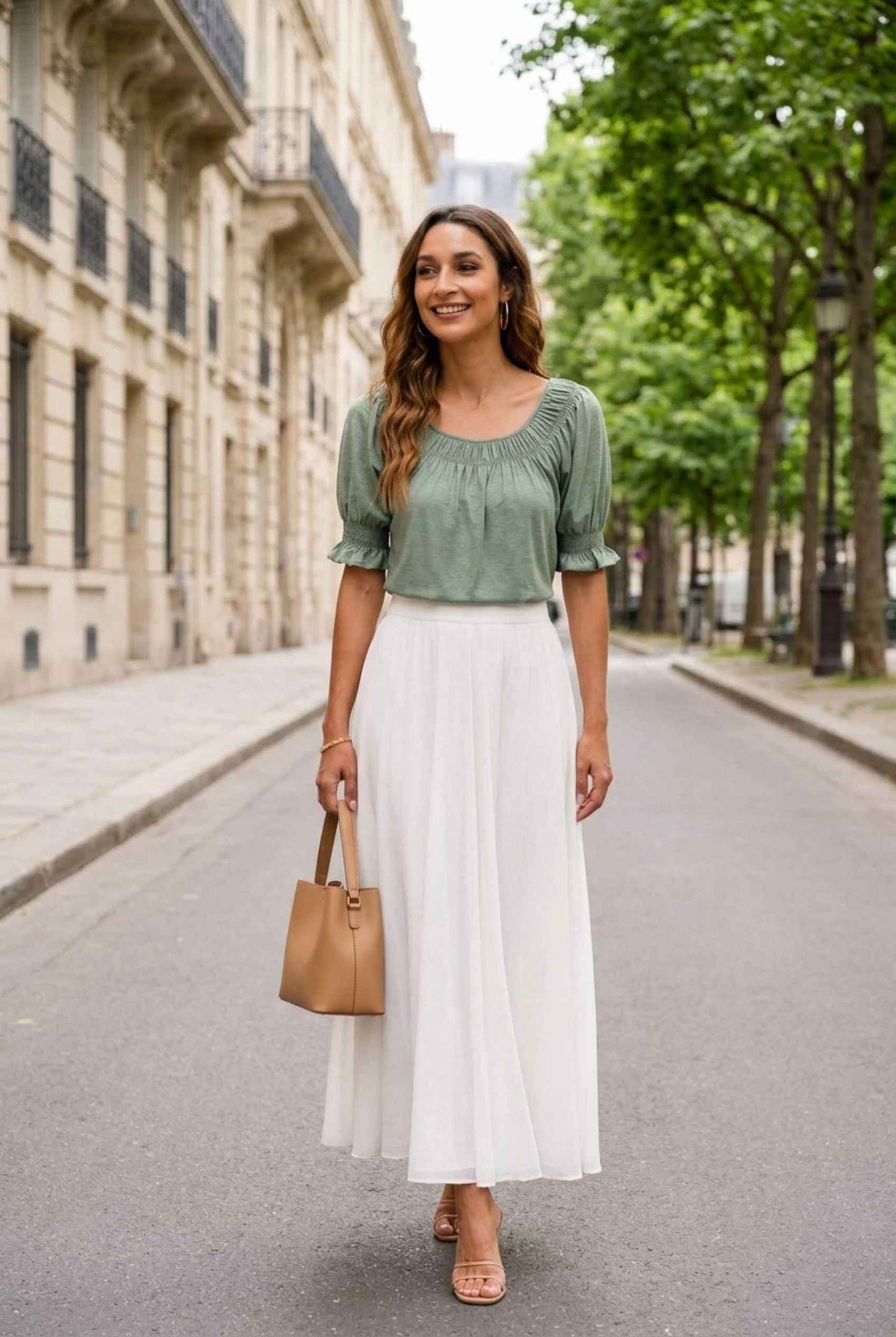 Virtual model wearing The Adela Knit Ruched Top On-Off Shoulder Smocked Sleeve Top in Light Green