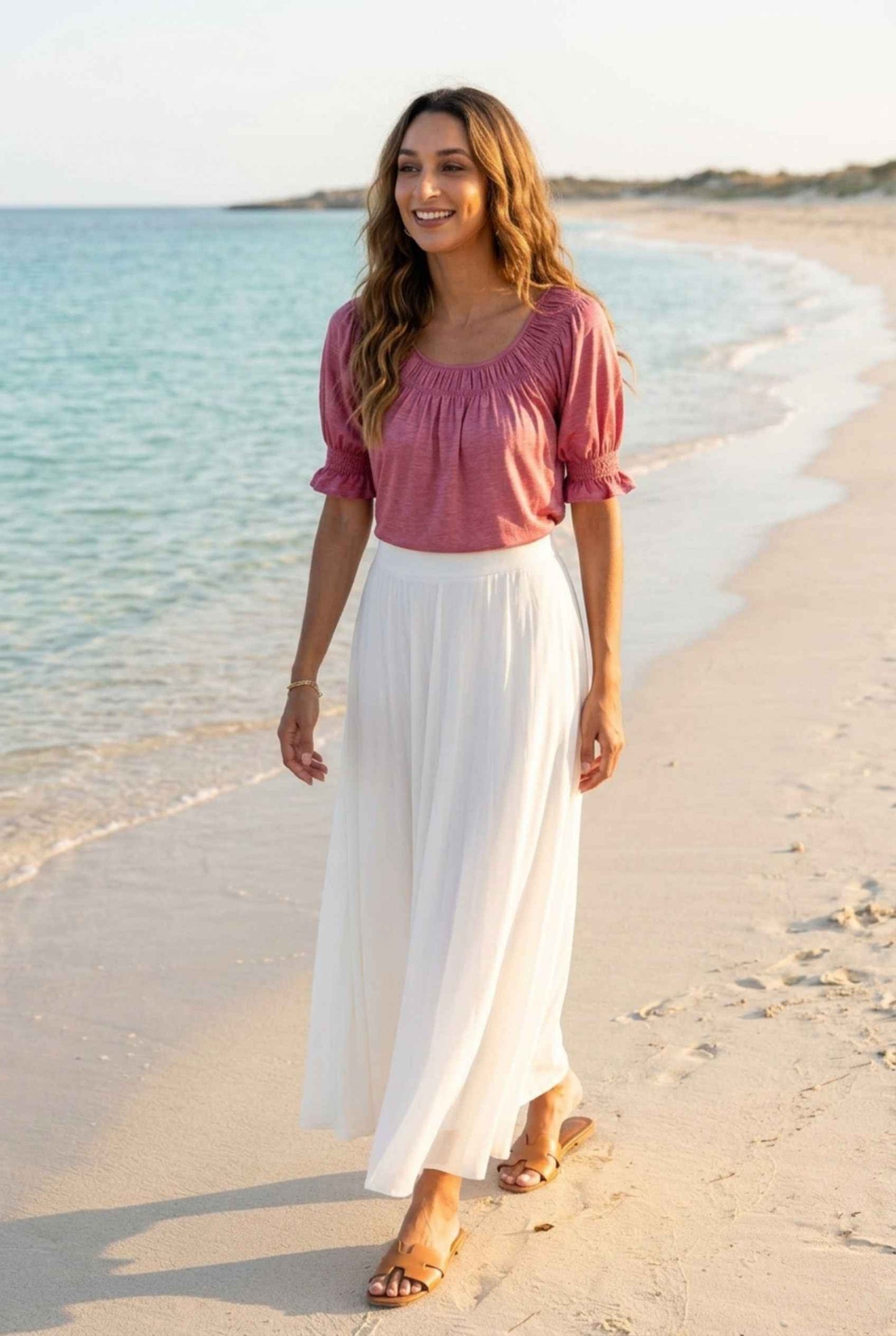 Virtual model wearing The Adela Knit Ruched Top On-Off Shoulder Smocked Sleeve Top in Light Pink