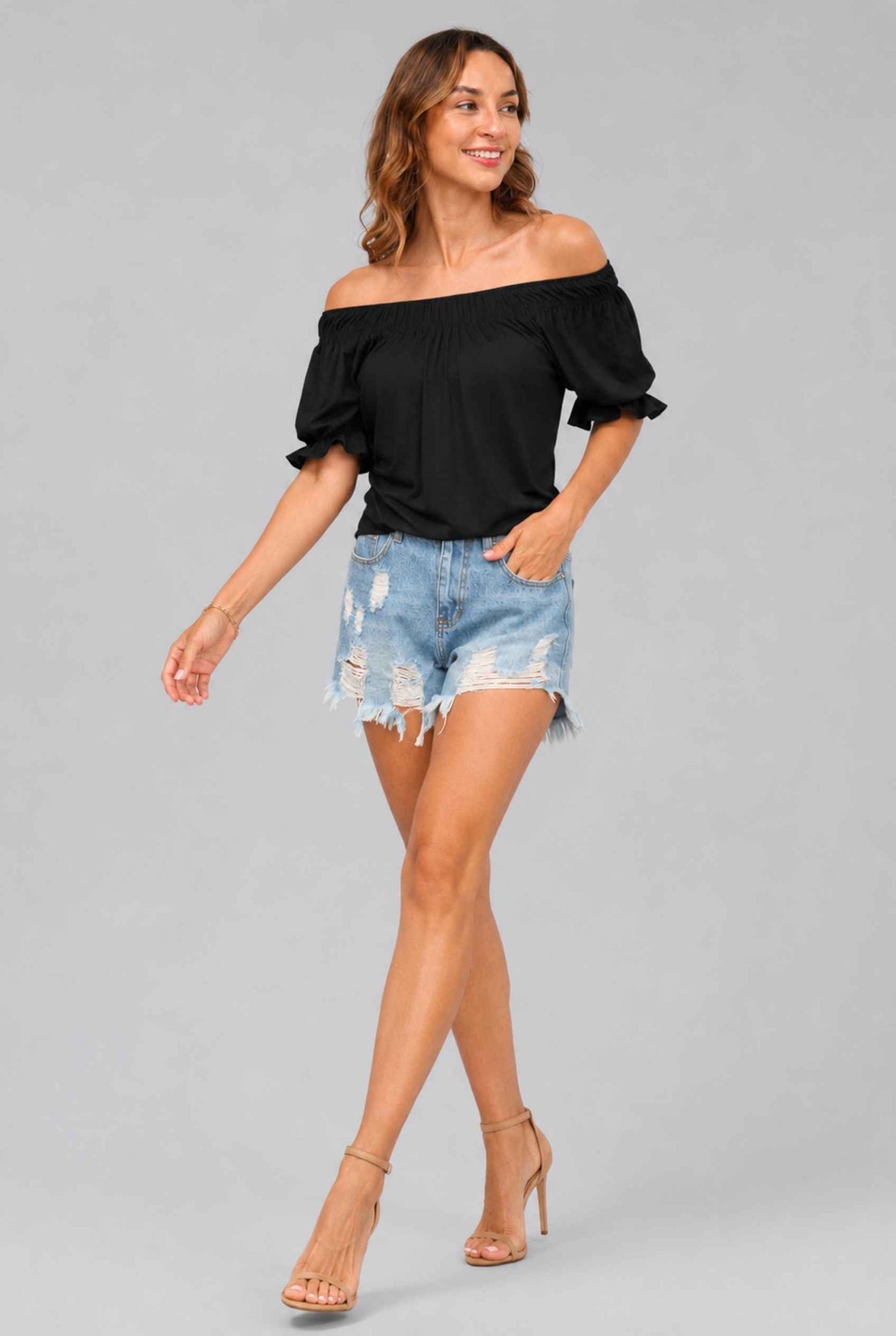 Virtual Model wearing The Adela Knit Ruched Top Scoop Neck Black Smocked Sleeve Top
