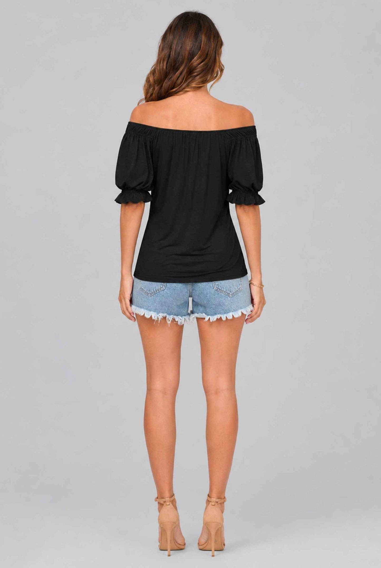 Virtual Model wearing The Adela Knit Ruched Top Scoop Neck Black Smocked Sleeve Top