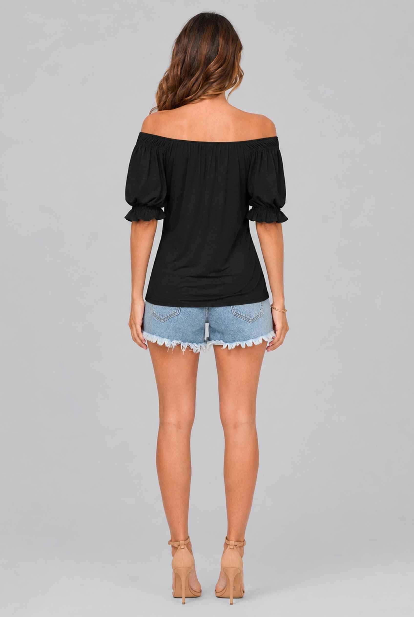 Virtual Model wearing The Adela Knit Ruched Top Scoop Neck Black Smocked Sleeve Top