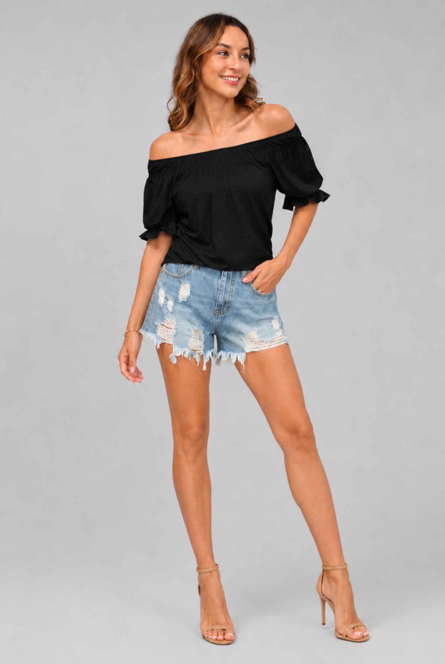 Virtual Model wearing The Adela Knit Ruched Top Scoop Neck Black Smocked Sleeve Top