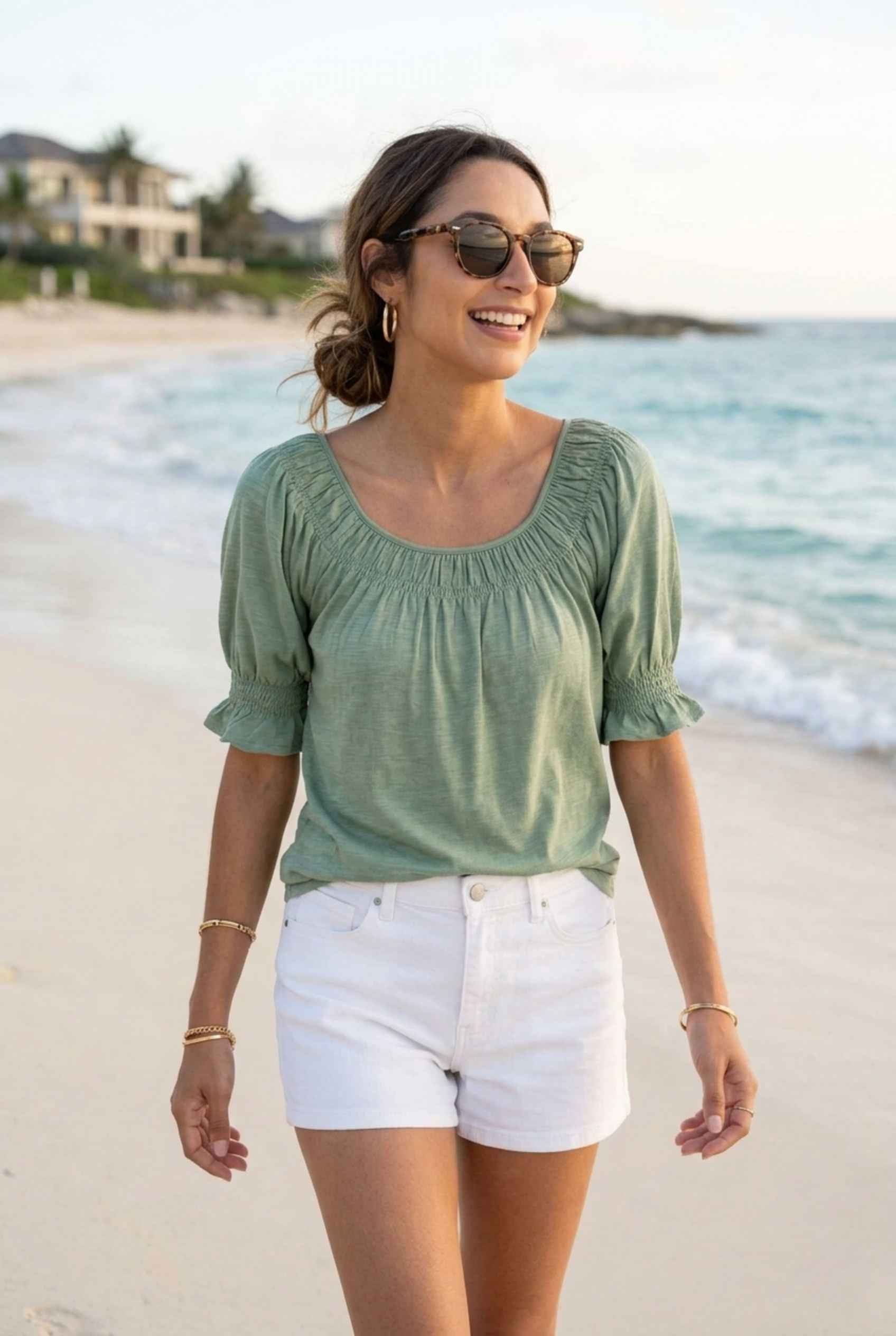 Virtual Model wearing The Adela Knit Ruched Top Scoop Neck Light Green Smocked Sleeve Top