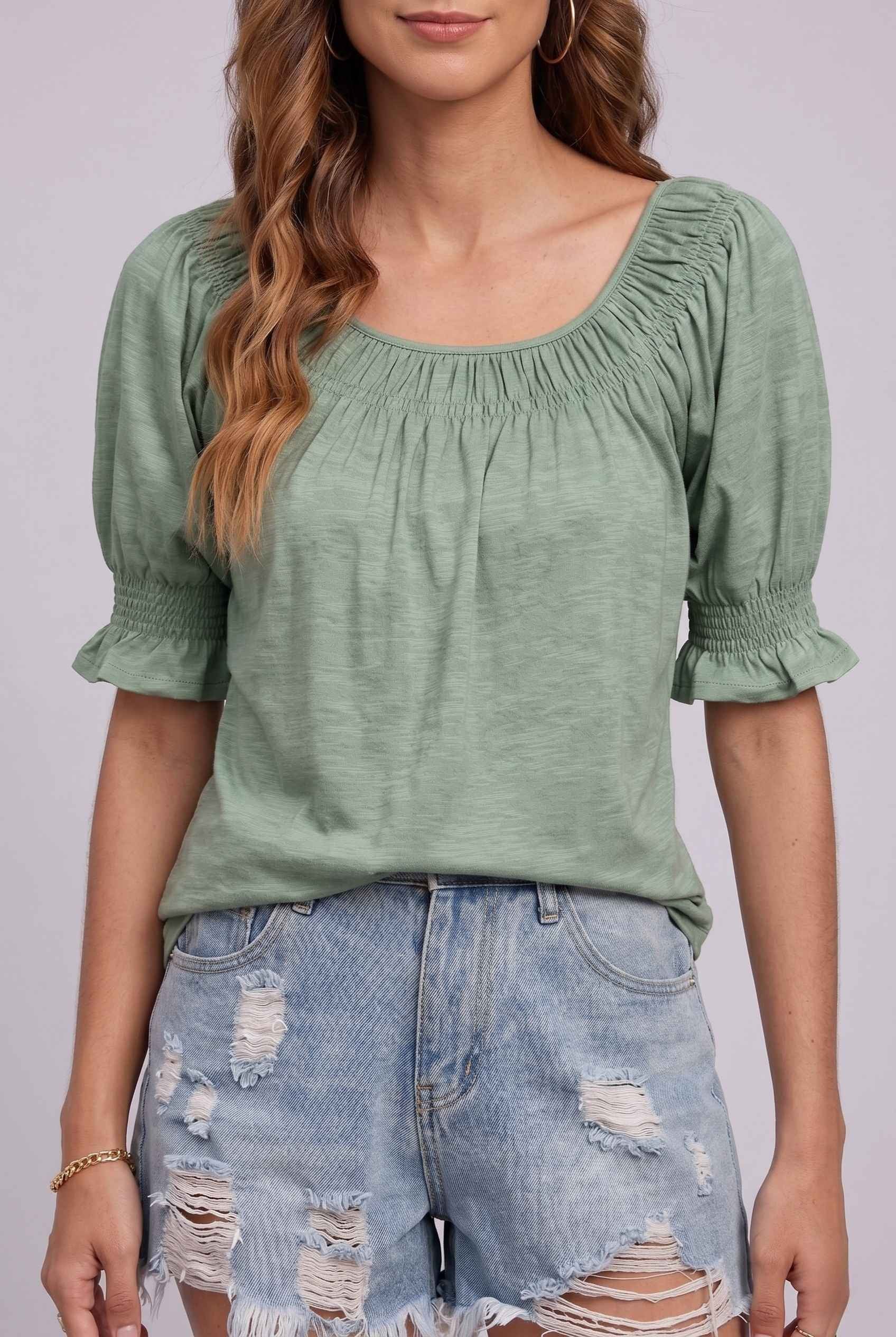 Virtual Model wearing The Adela Knit Ruched Top Scoop Neck Light Green Smocked Sleeve Top