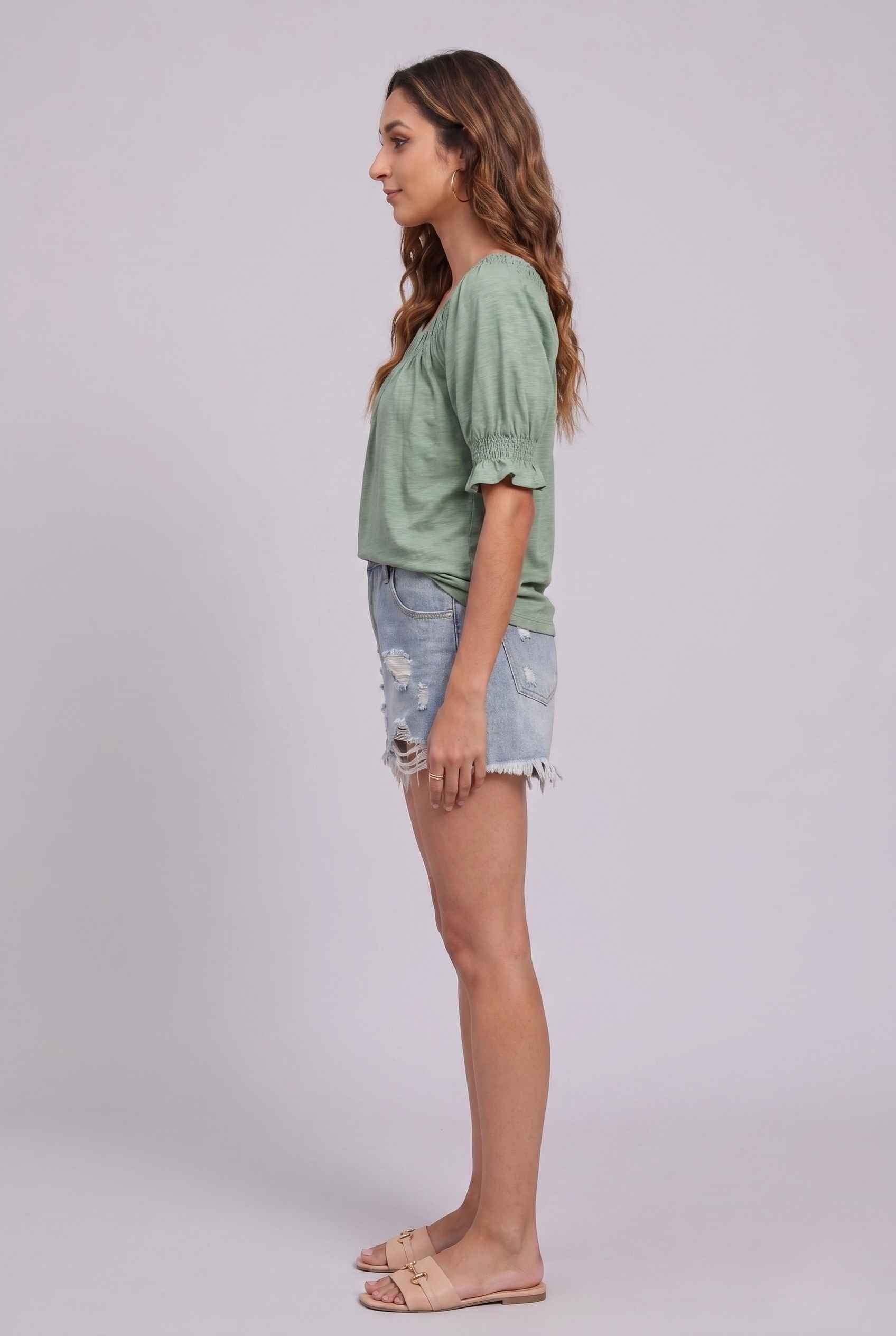 Virtual Model wearing The Adela Knit Ruched Top Scoop Neck Light Green Smocked Sleeve Top