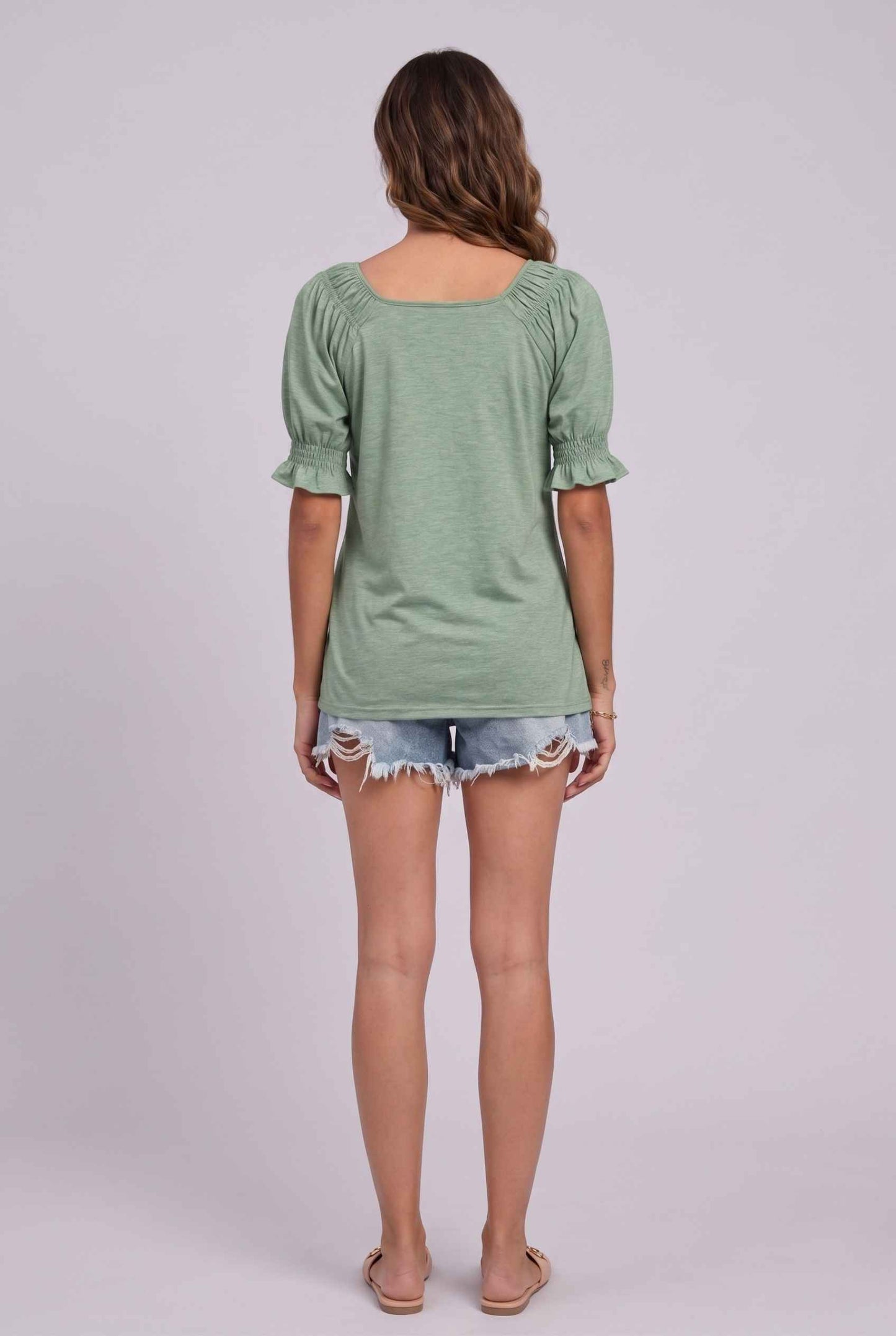 Virtual Model wearing The Adela Knit Ruched Top Scoop Neck Light Green Smocked Sleeve Top
