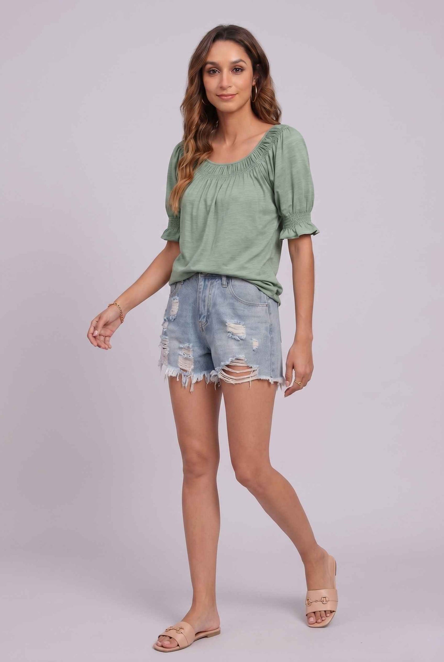 Virtual Model wearing The Adela Knit Ruched Top Scoop Neck Light Green Smocked Sleeve Top