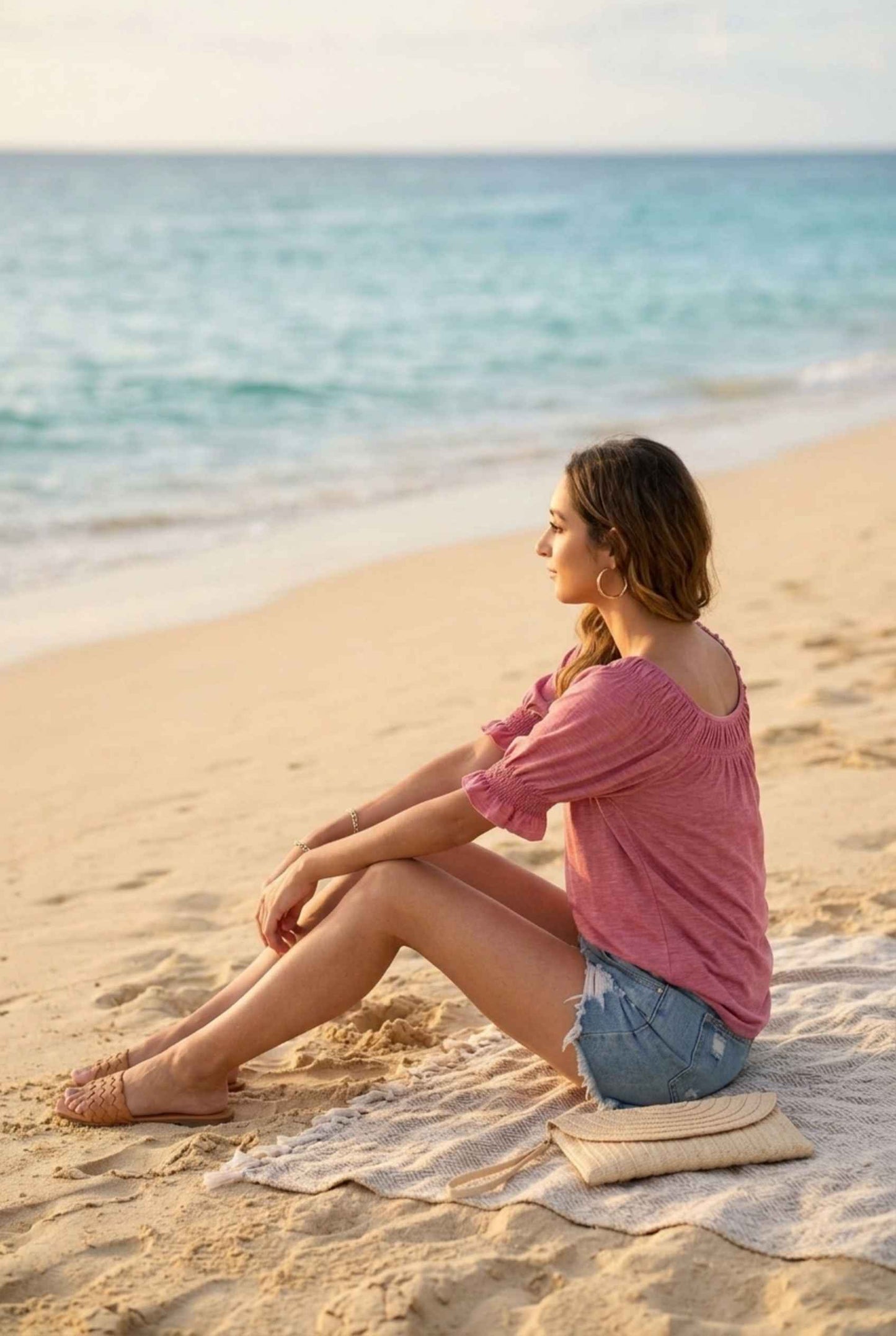 Virtual Model wearing The Adela Knit Ruched Top Scoop Neck Light Pink Smocked Sleeve Top