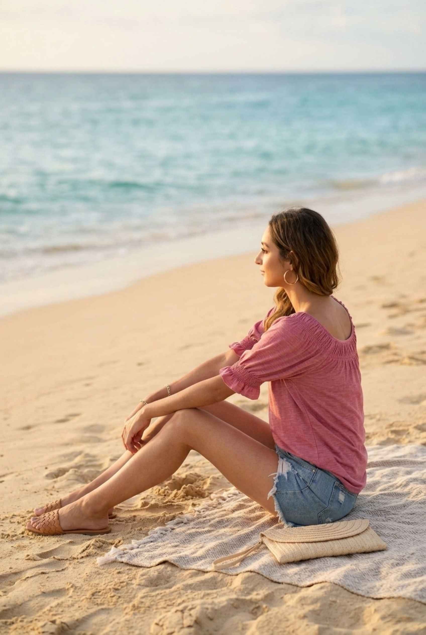 Virtual Model wearing The Adela Knit Ruched Top Scoop Neck Light Pink Smocked Sleeve Top