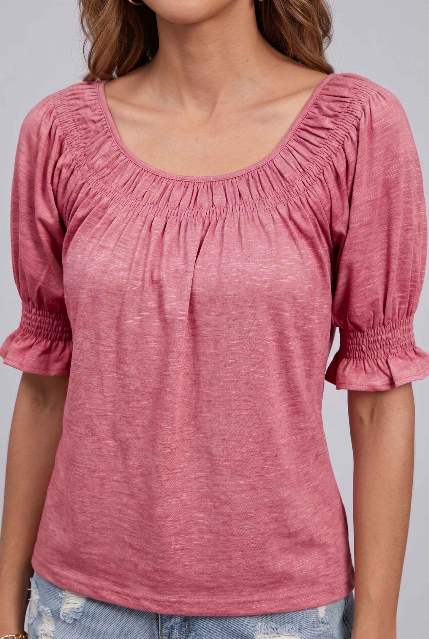 Virtual Model wearing The Adela Knit Ruched Top Scoop Neck Light Pink Smocked Sleeve Top