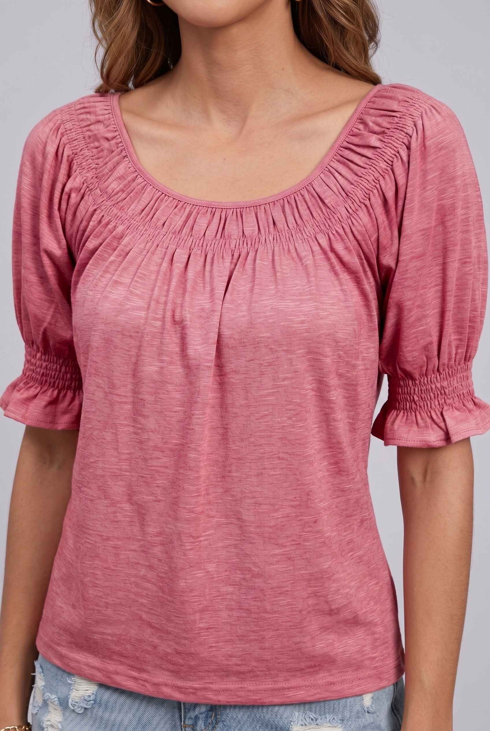 Virtual Model wearing The Adela Knit Ruched Top Scoop Neck Light Pink Smocked Sleeve Top