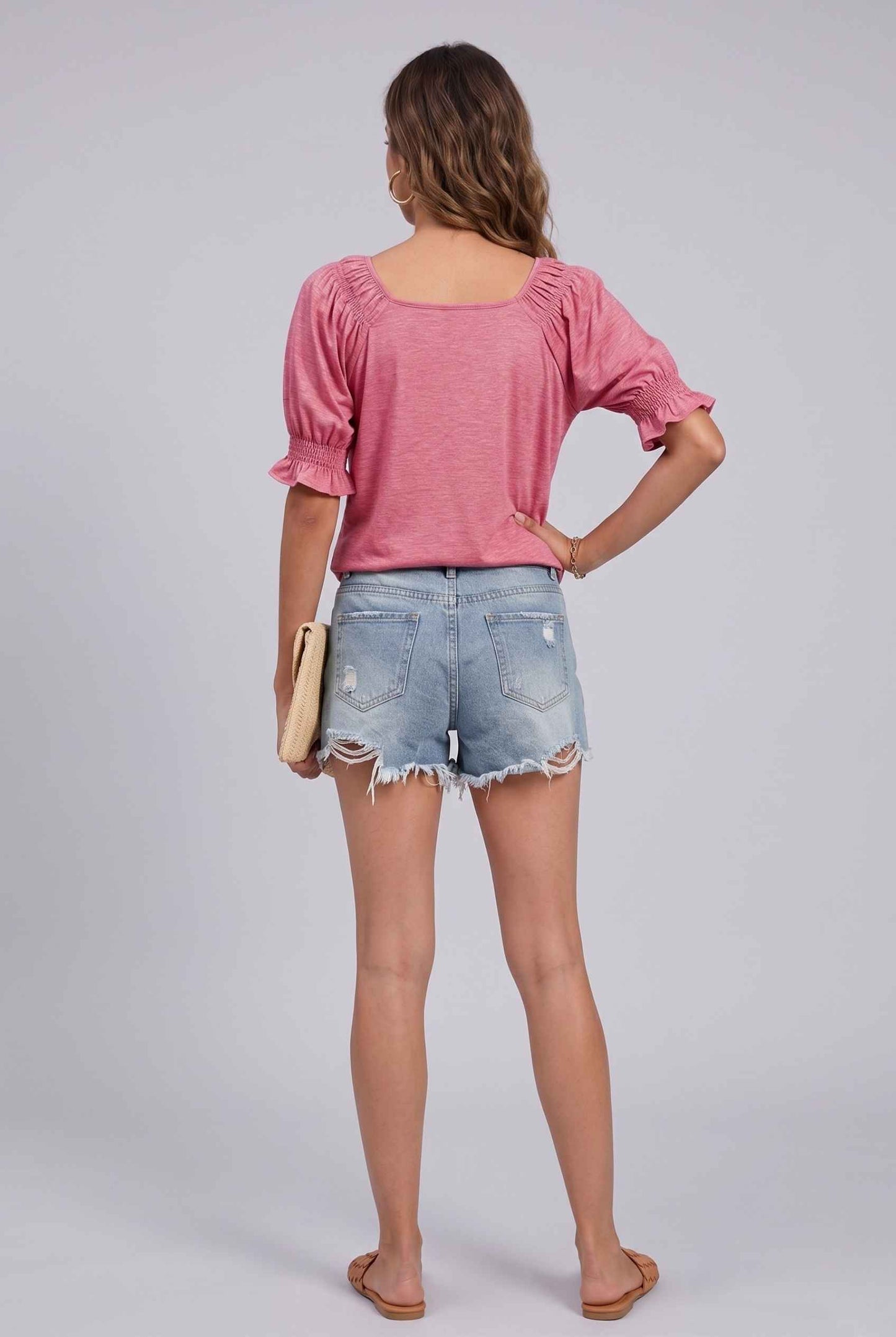 Virtual Model wearing The Adela Knit Ruched Top Scoop Neck Light Pink Smocked Sleeve Top